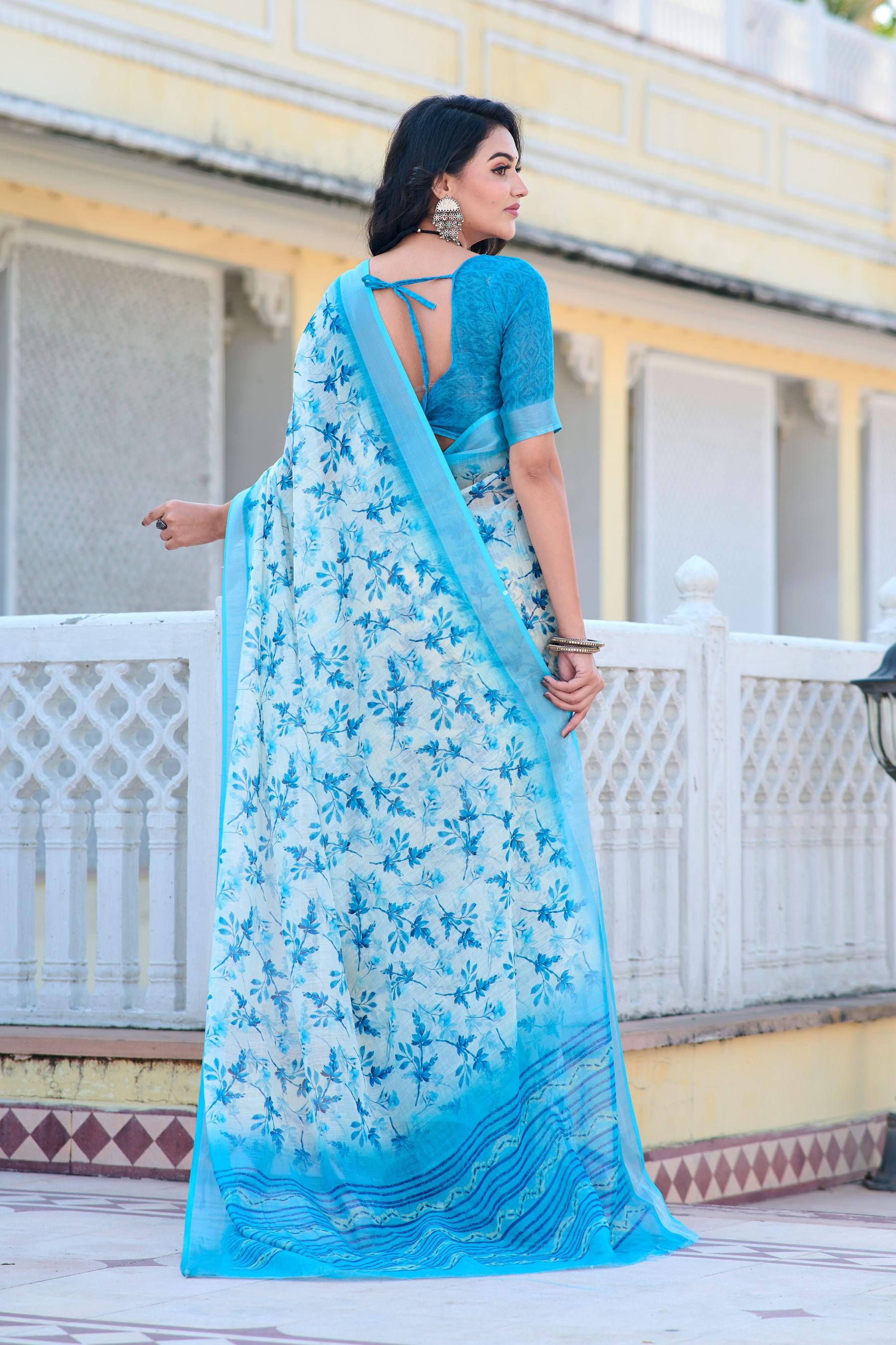 Firozi Linen Cotton Saree — alternate view