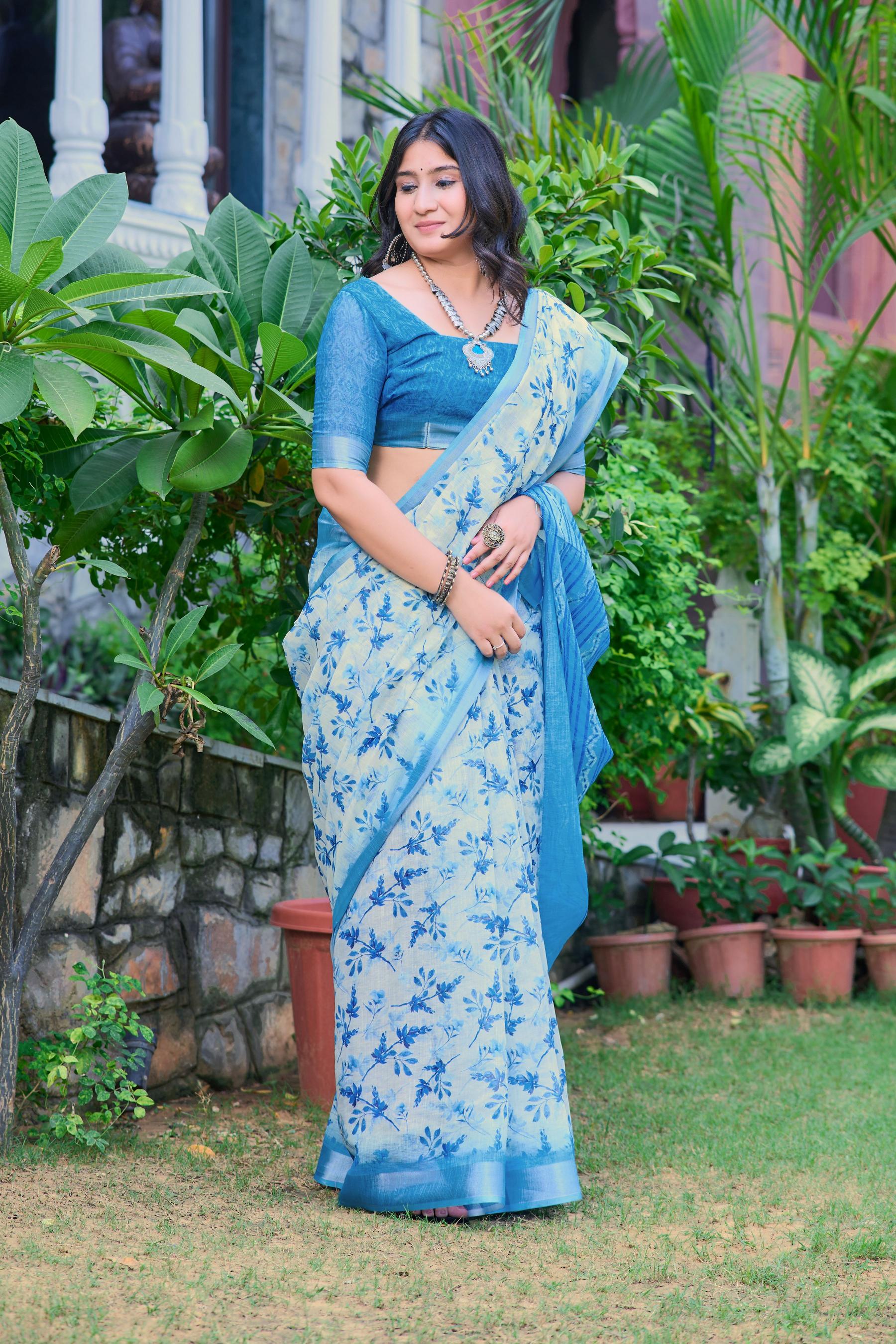 Firozi Linen Cotton Saree