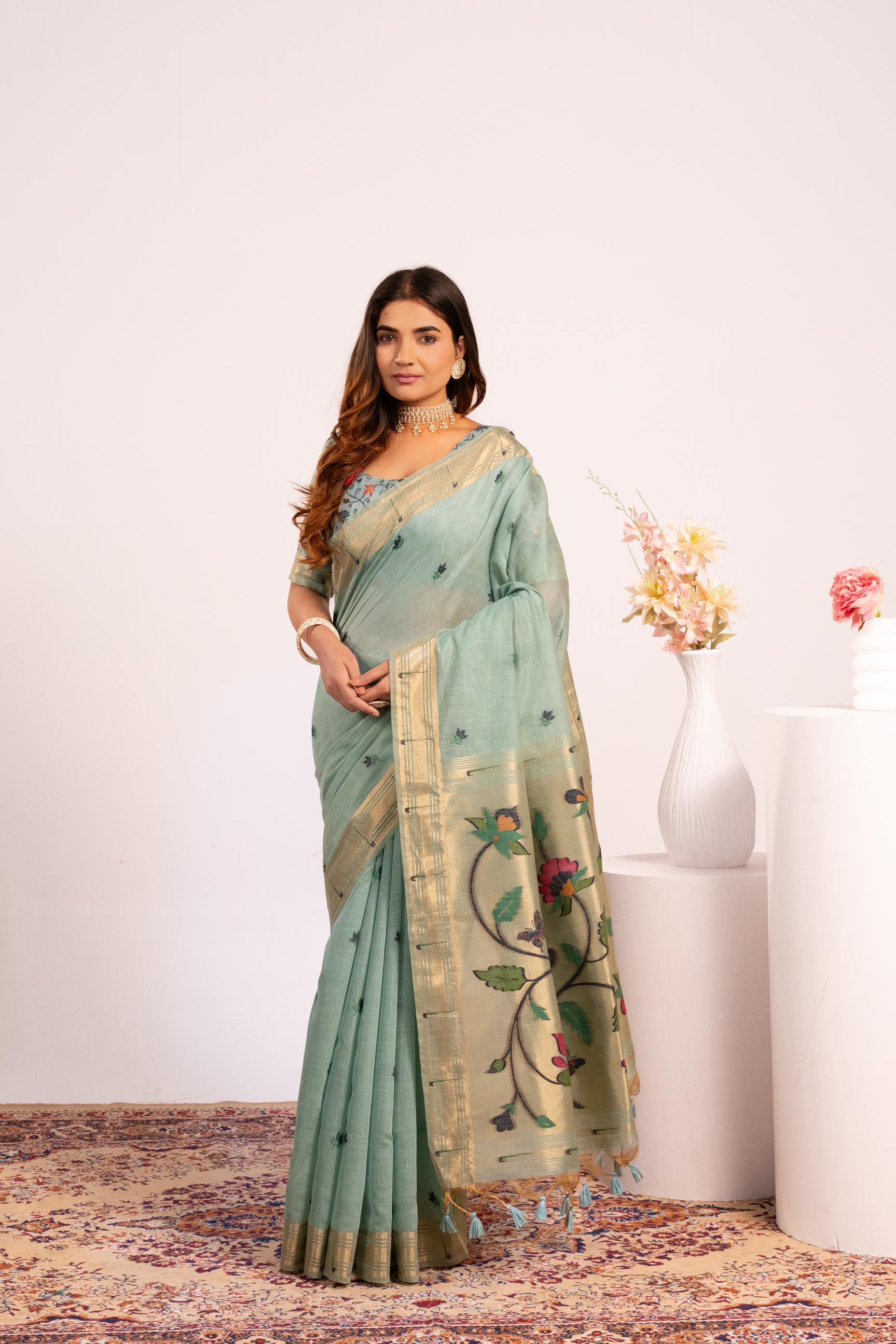 Firozi Muga Cotton Designer Saree