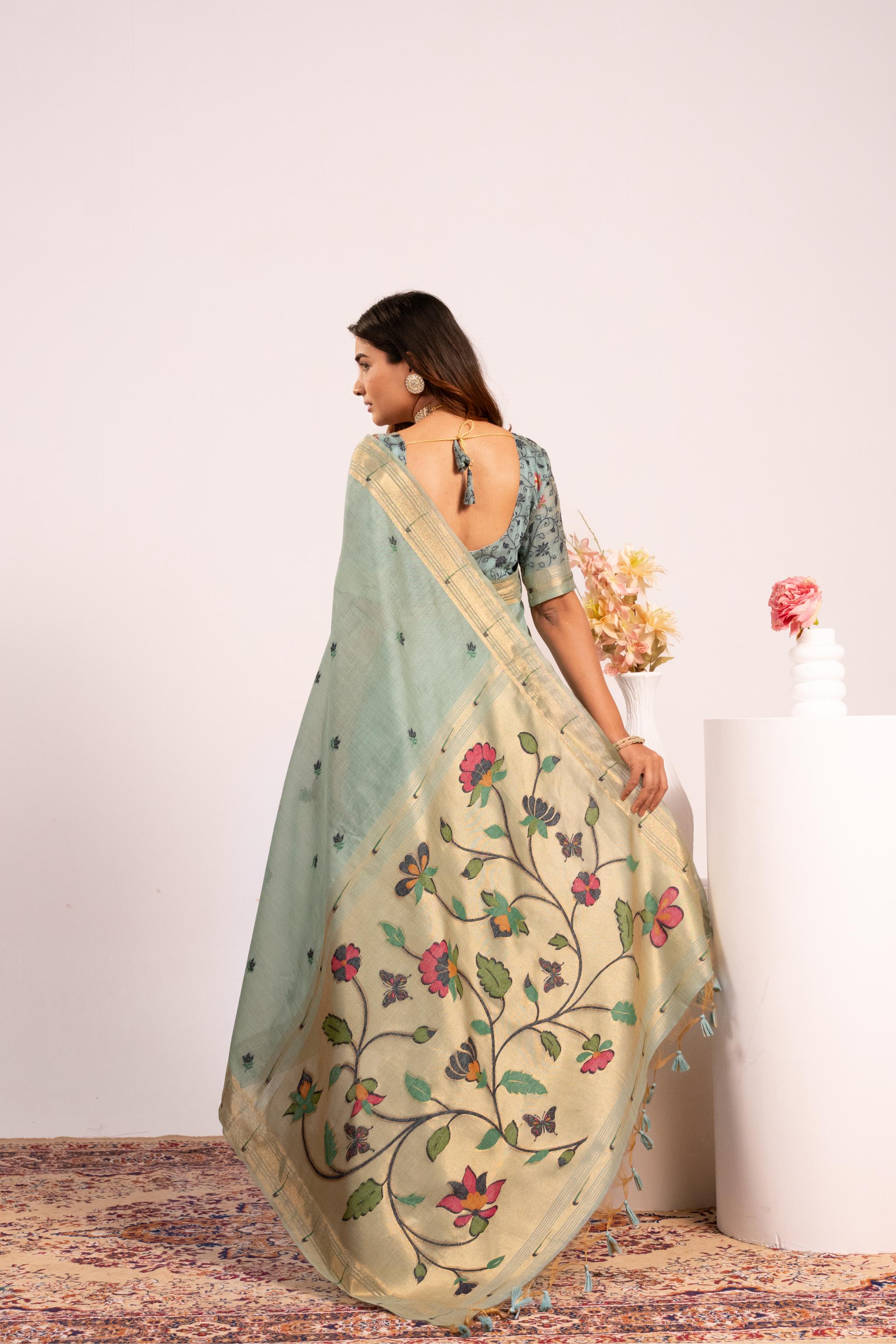 Firozi Muga Cotton Designer Saree — alternate view
