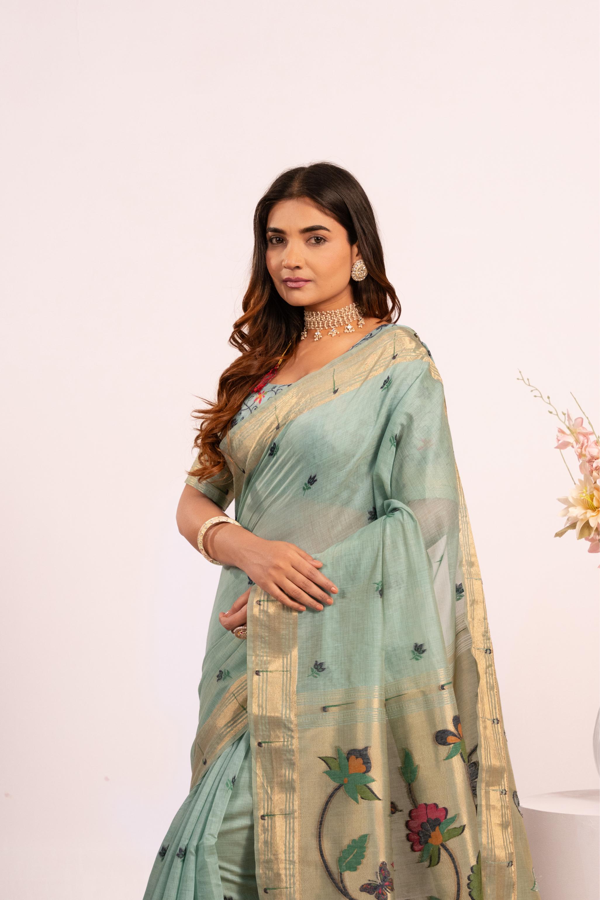 Firozi Muga Cotton Designer Saree