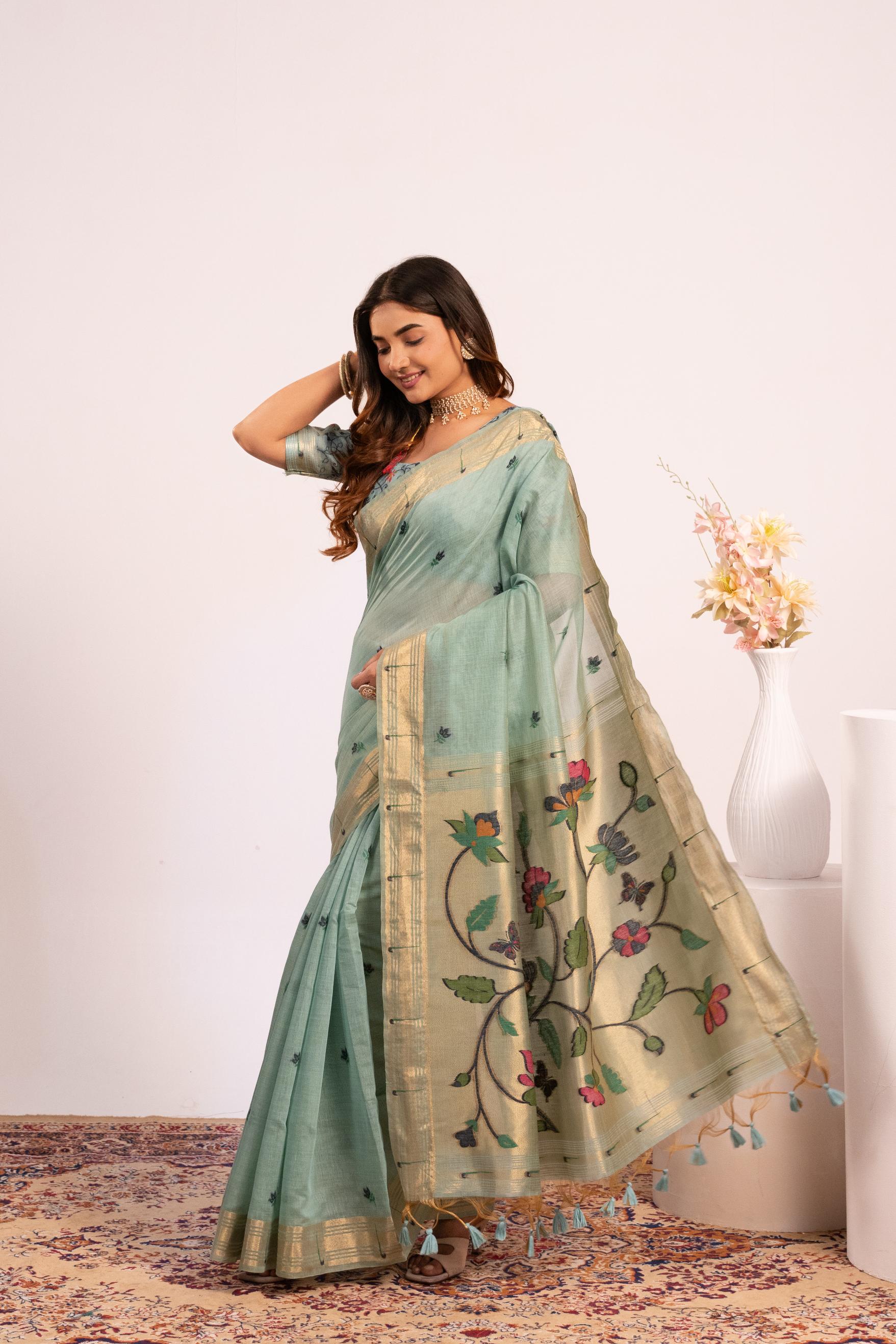 Firozi Muga Cotton Designer Saree