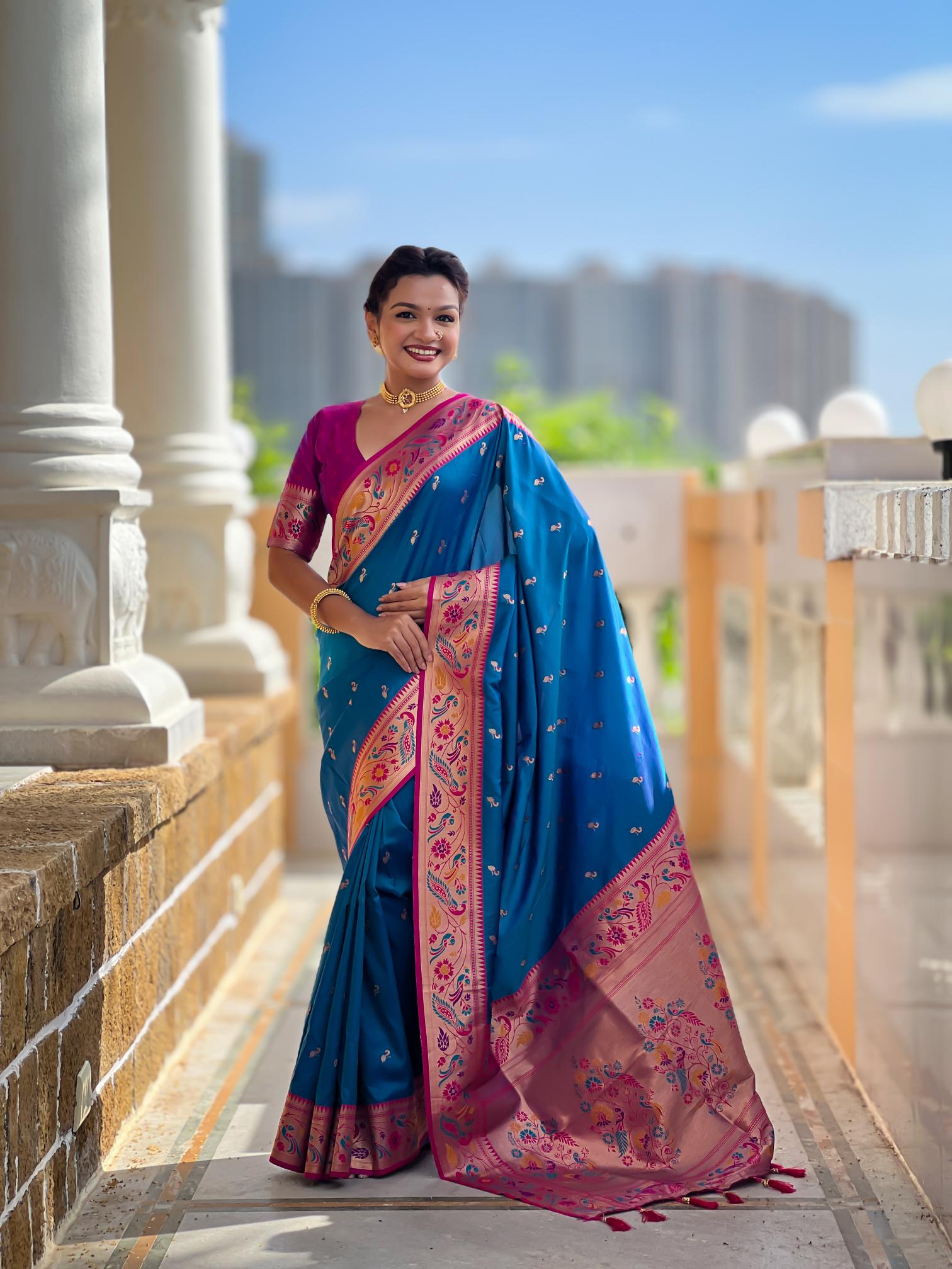 Firozi N Magenta Paithani Silk Saree
