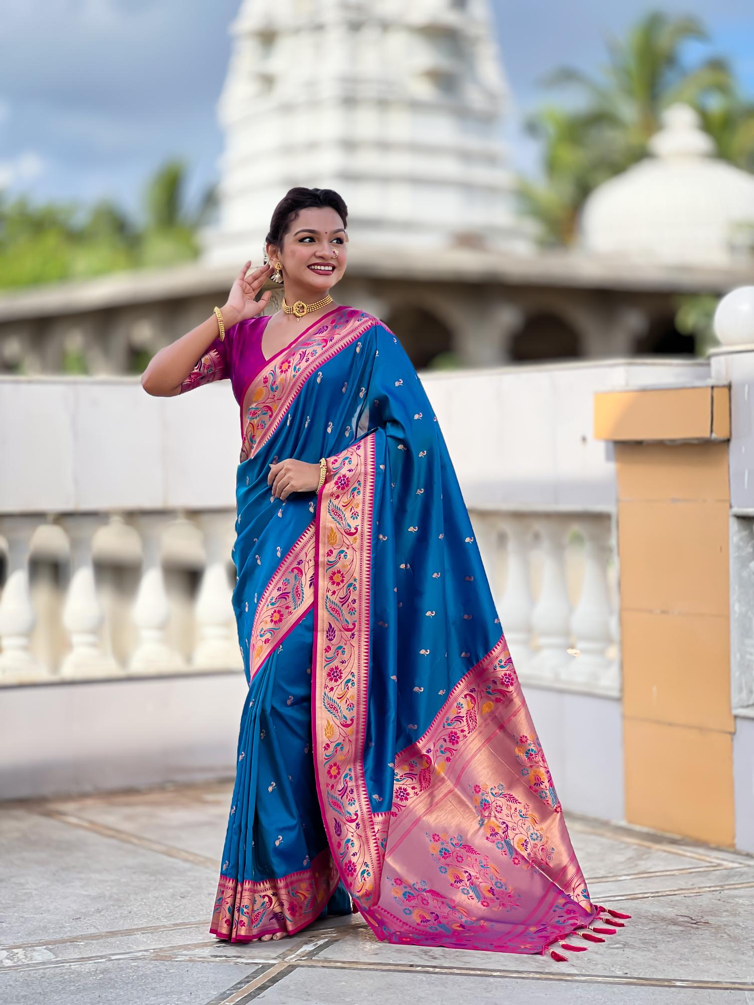 Firozi N Magenta Paithani Silk Saree
