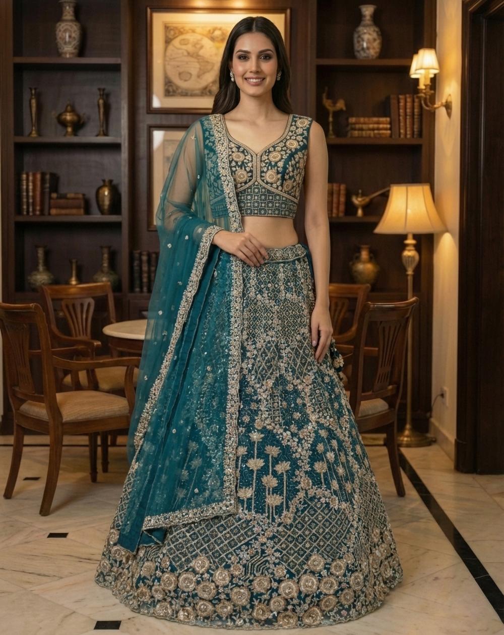Firozi Net Sequins Embroidered Lehenga Choli