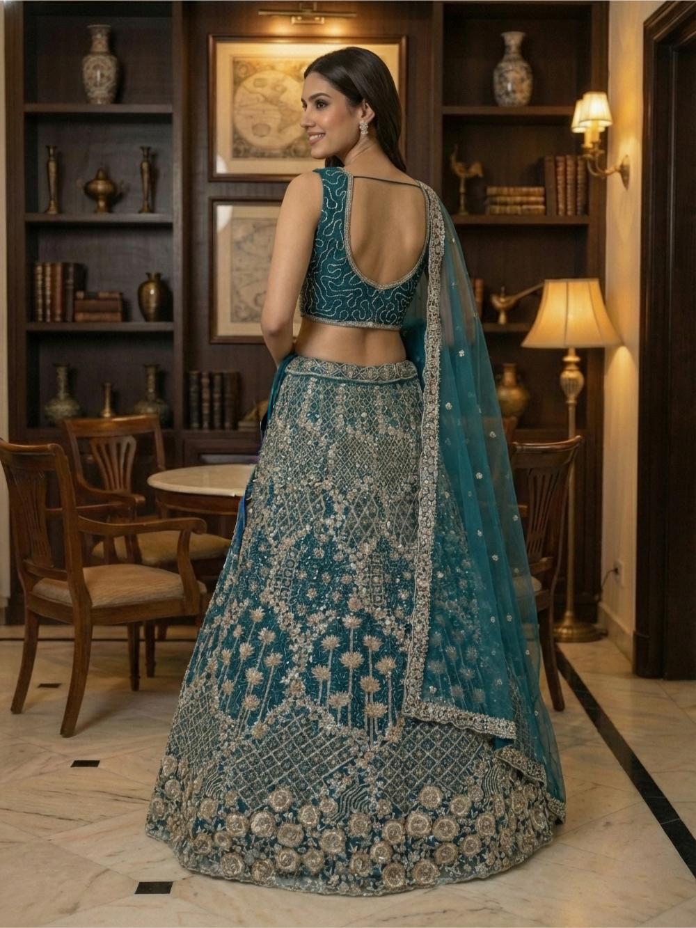Firozi Net Sequins Embroidered Lehenga Choli — alternate view