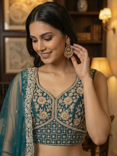 Firozi Net Sequins Embroidered Lehenga Choli