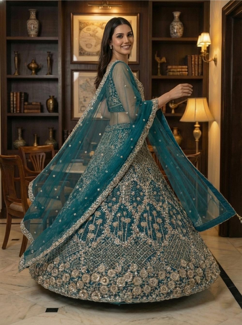 Firozi Net Sequins Embroidered Lehenga Choli