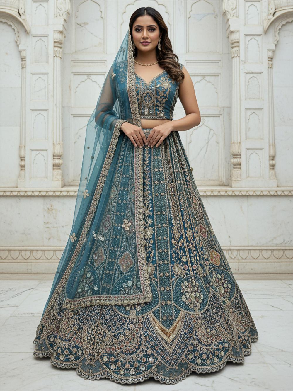 Firozi Organza Embroidered Lehenga Choli