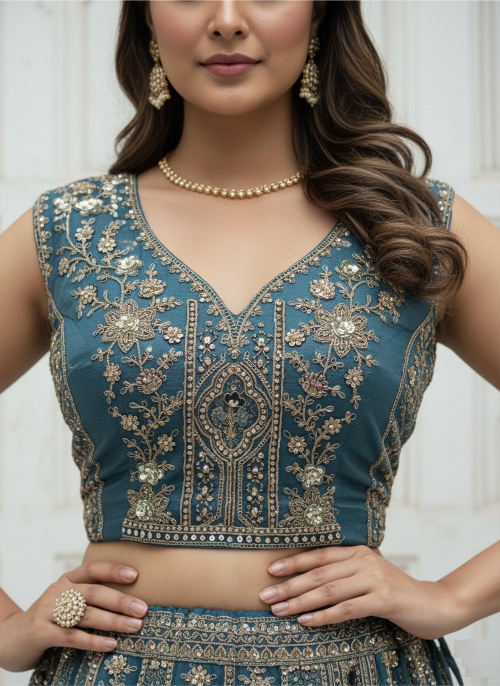 Firozi Organza Embroidered Lehenga Choli