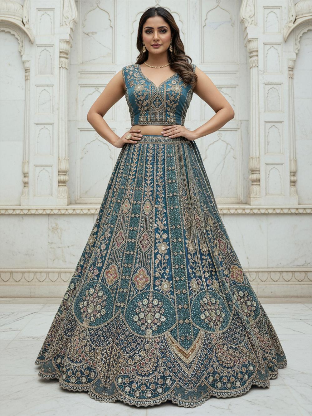 Firozi Organza Embroidered Lehenga Choli
