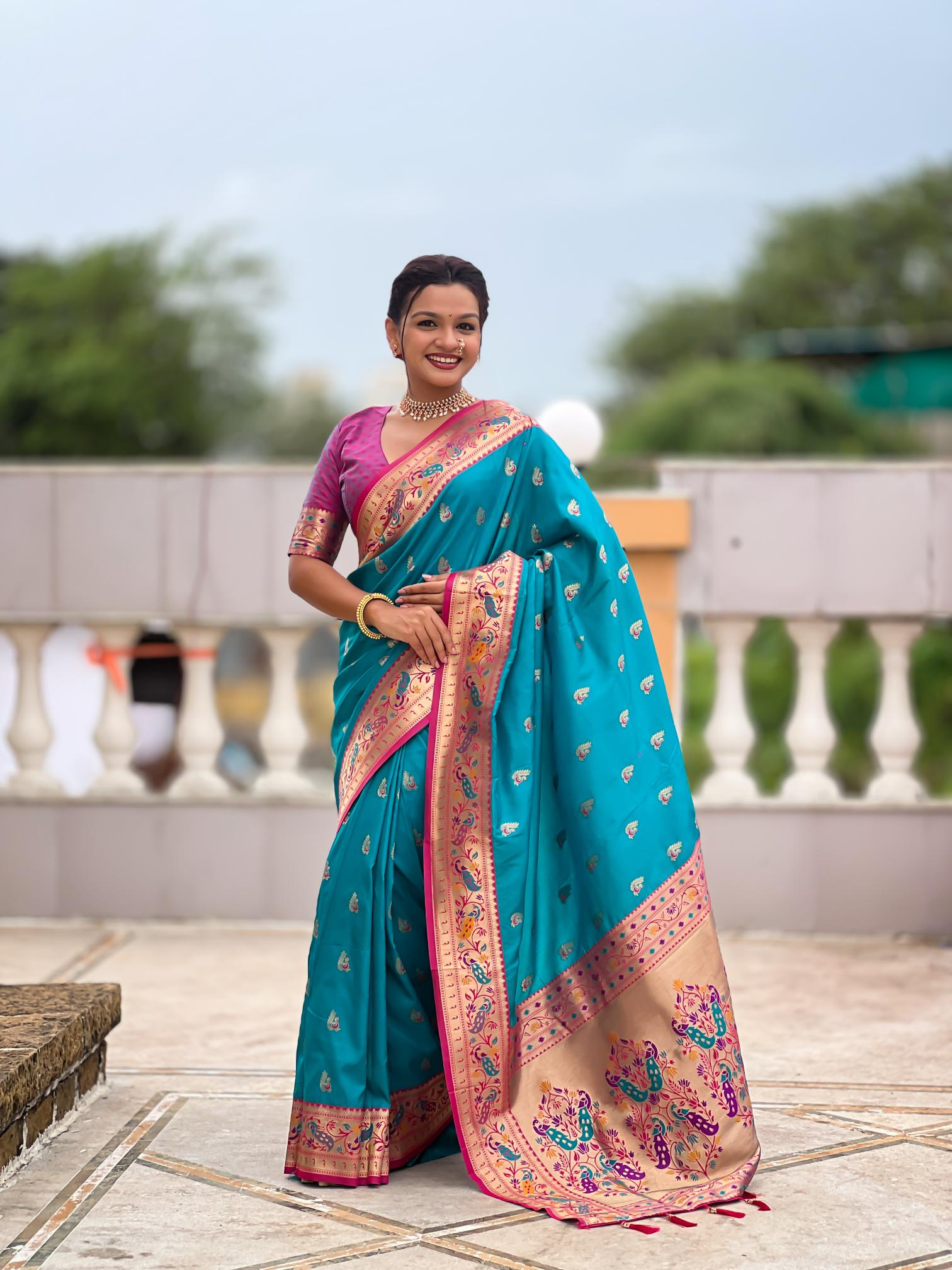 Firozi Paithani Silk Saree