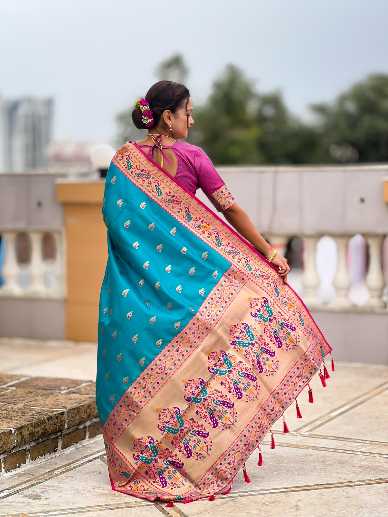 Firozi Paithani Silk Saree — alternate view