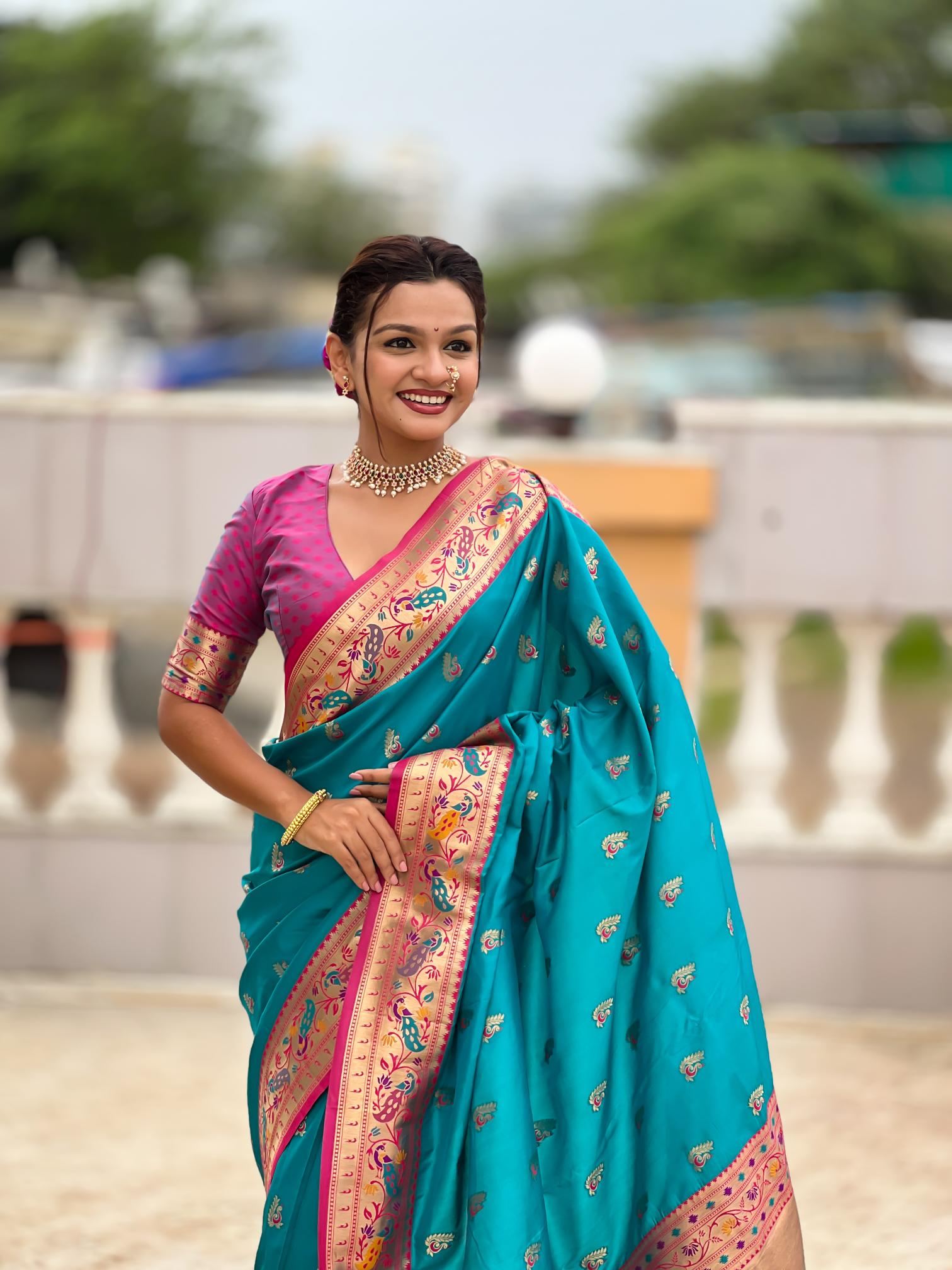Firozi Paithani Silk Saree