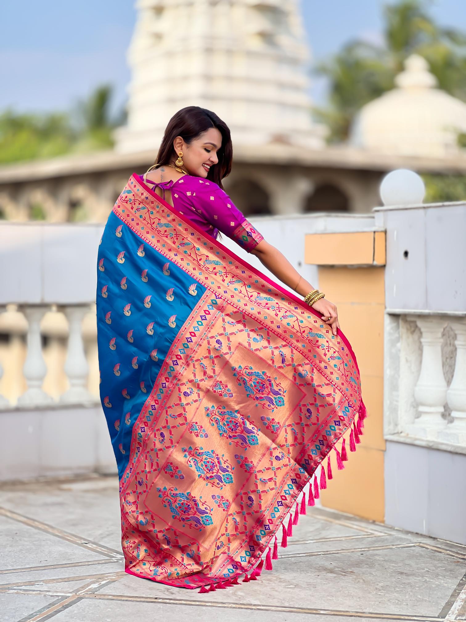 Firozi Paithani Silk Saree — alternate view