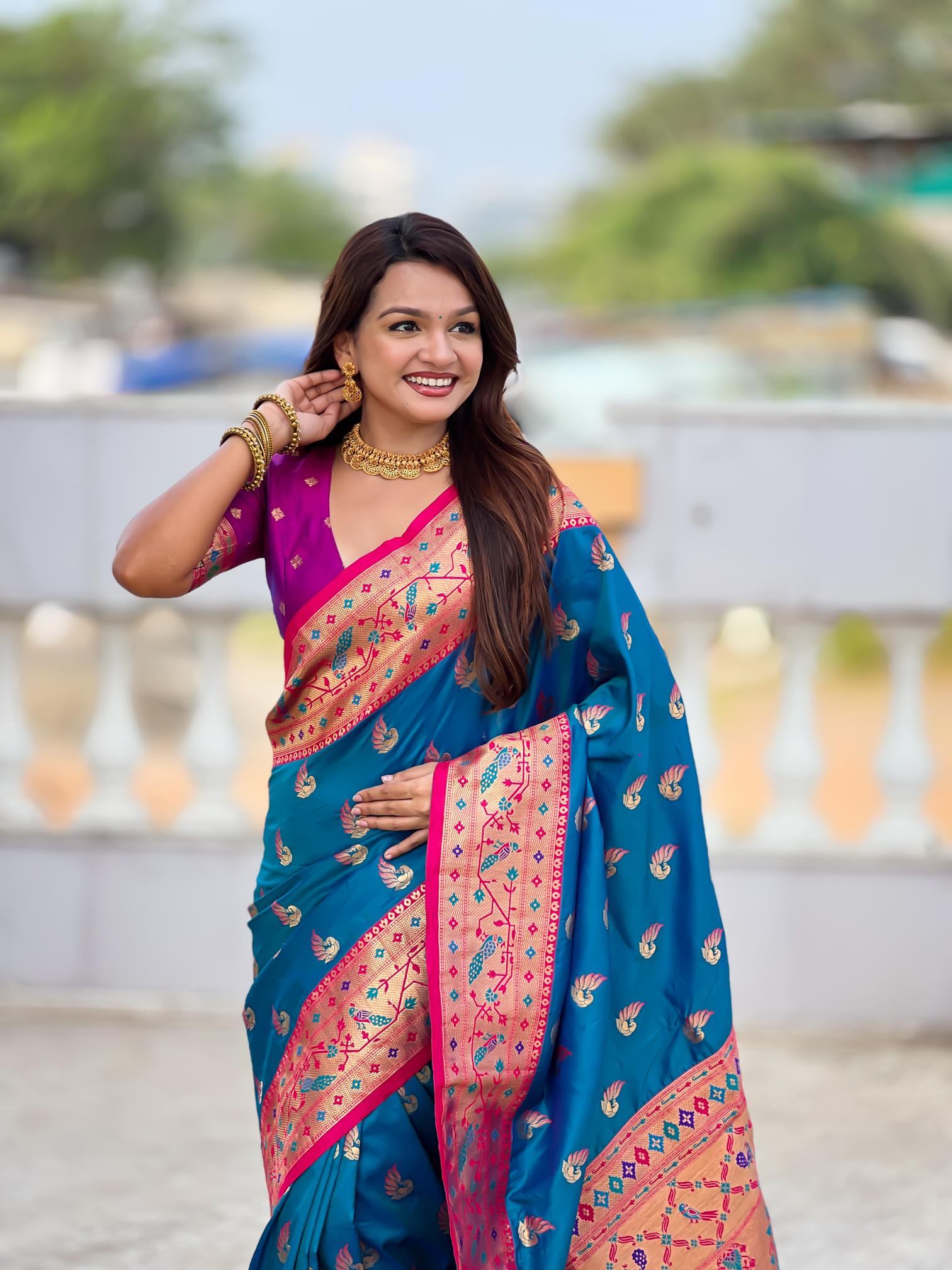 Firozi Paithani Silk Saree