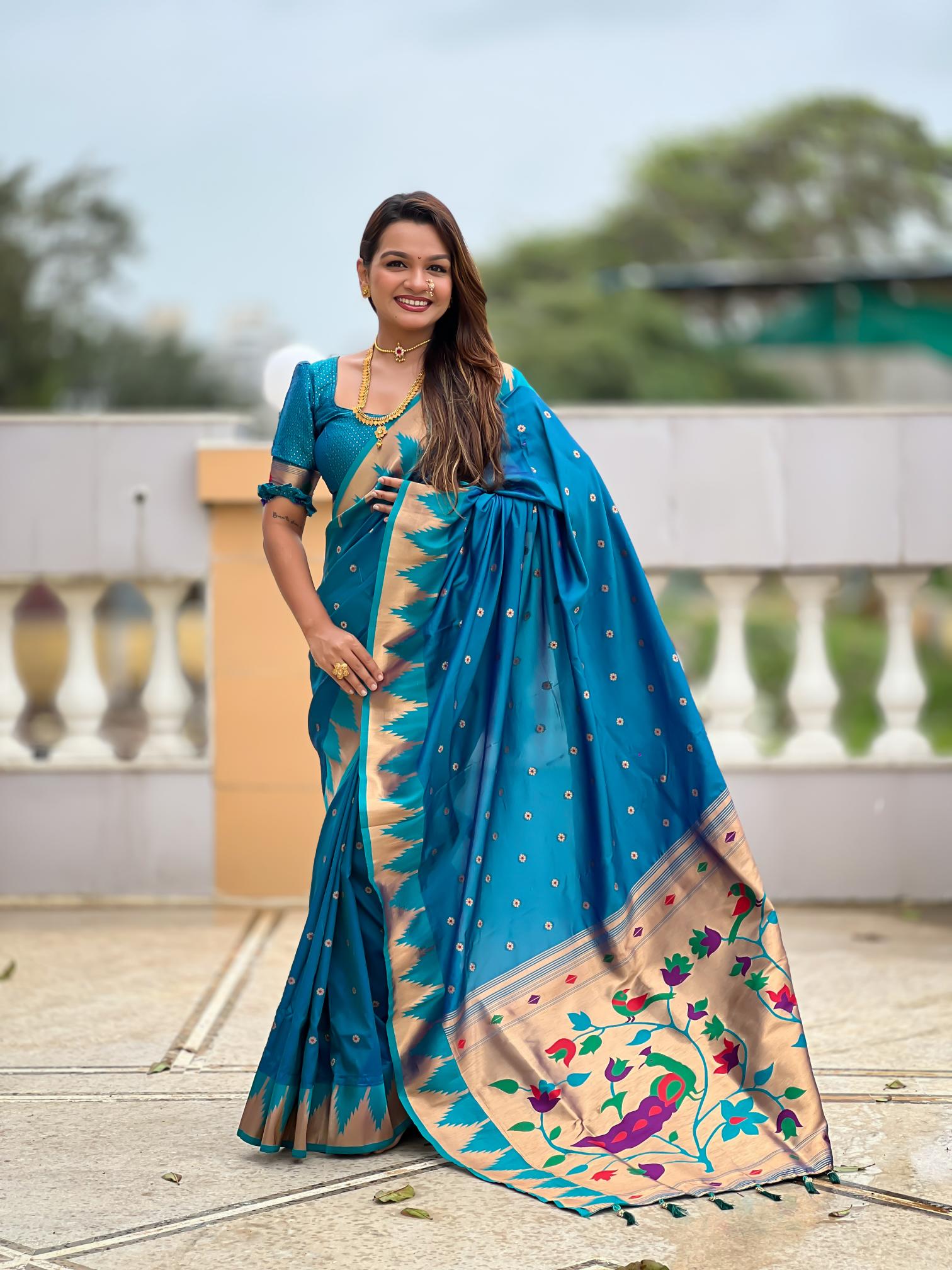 Firozi Paithani Silk Saree