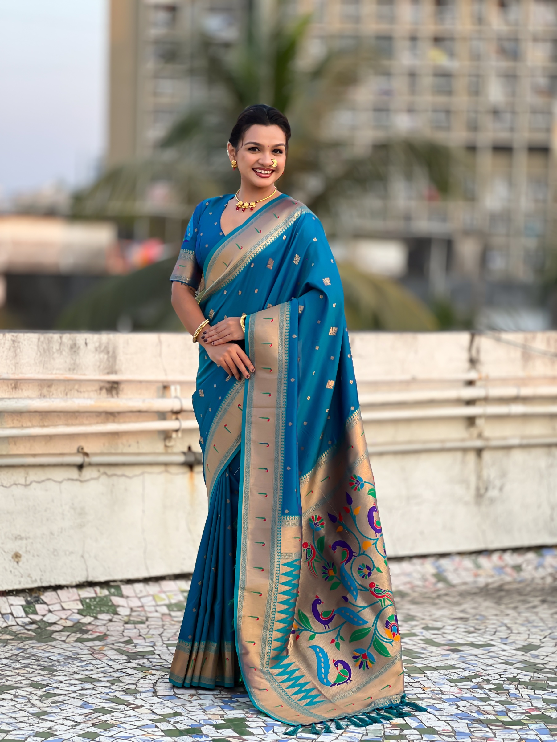Firozi Paithani Silk Woven Designer Saree