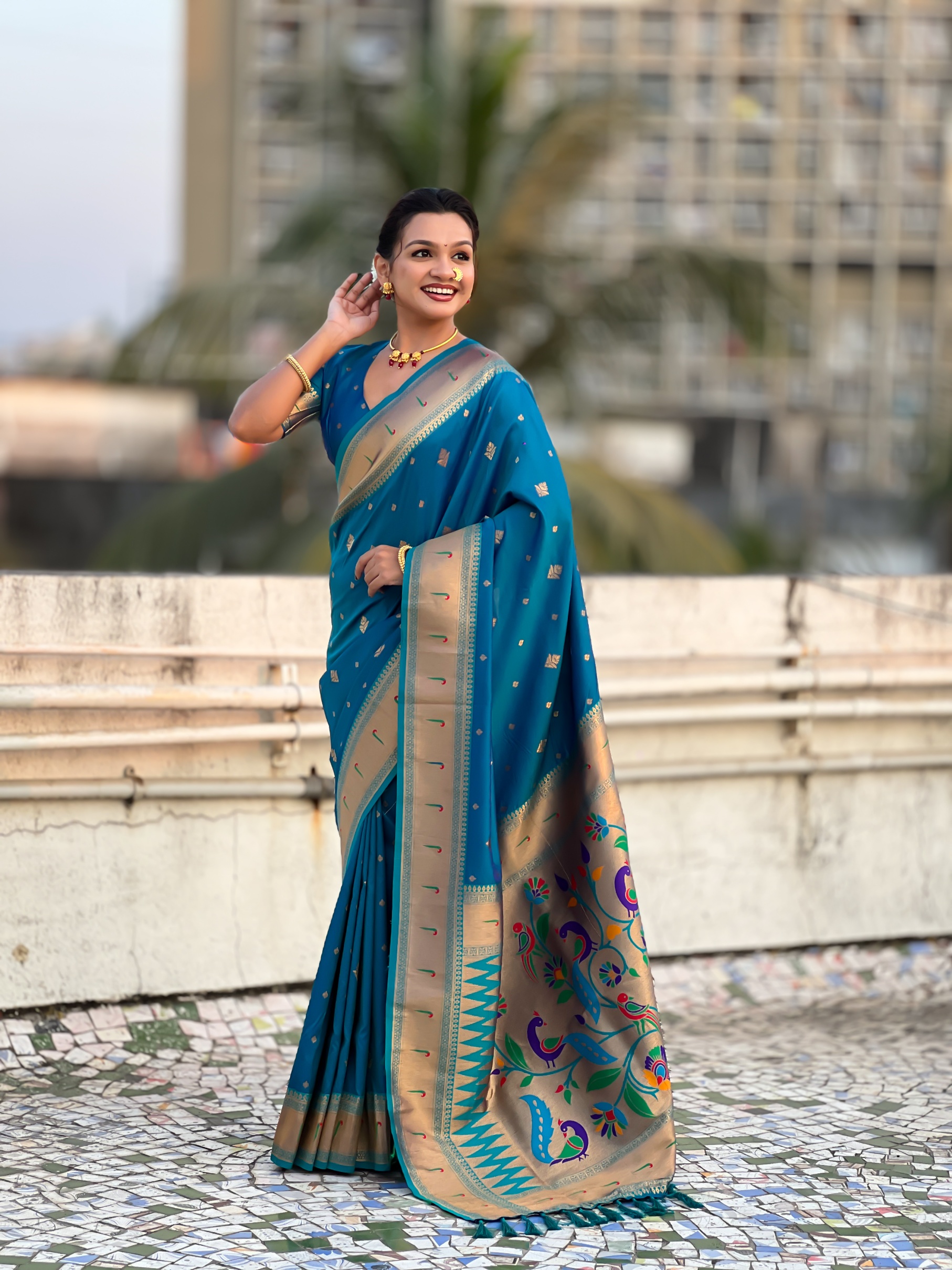 Firozi Paithani Silk Woven Designer Saree