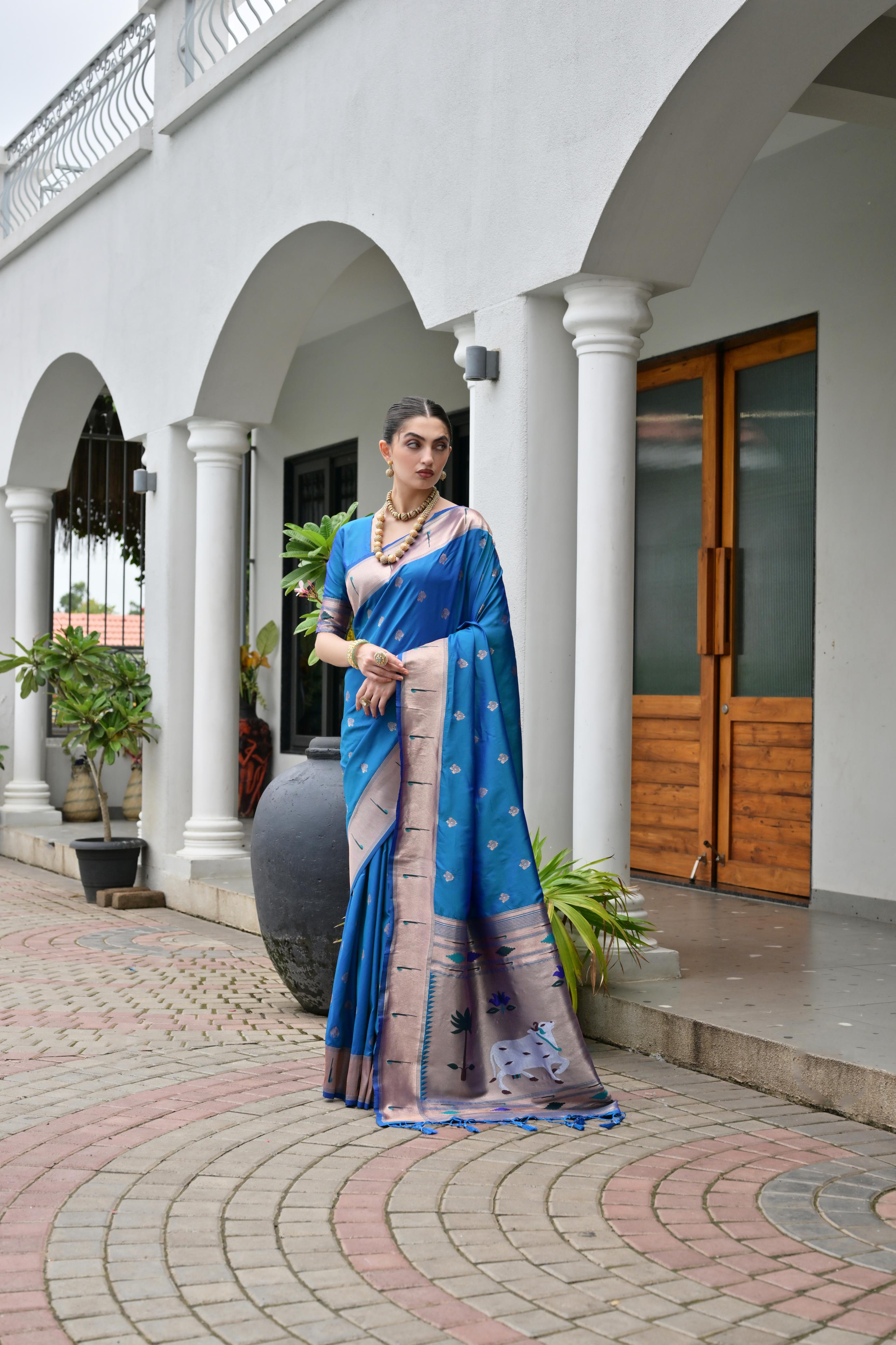 Firozi Paithani Woven Designer Banarasi Silk Saree
