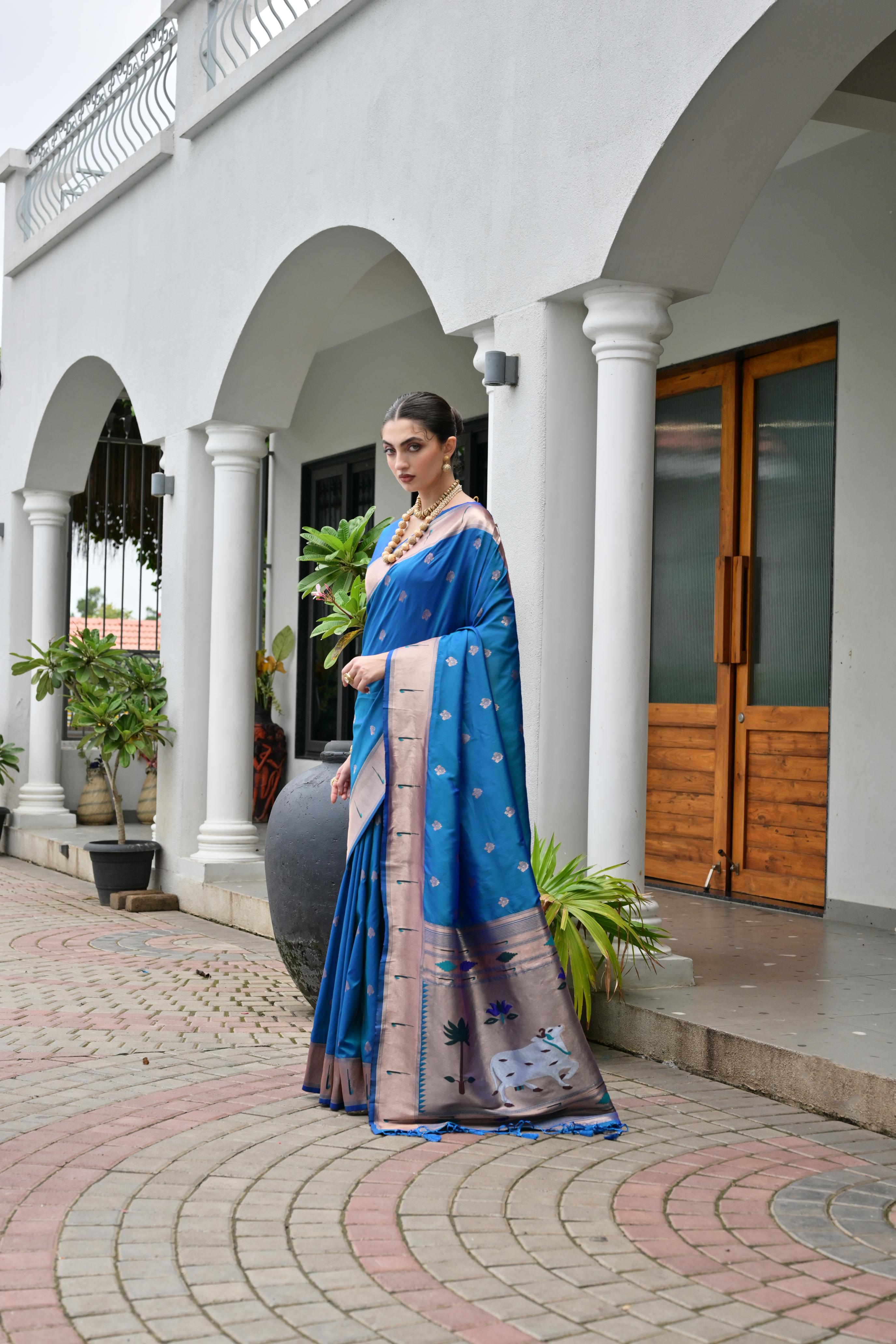 Firozi Paithani Woven Designer Banarasi Silk Saree