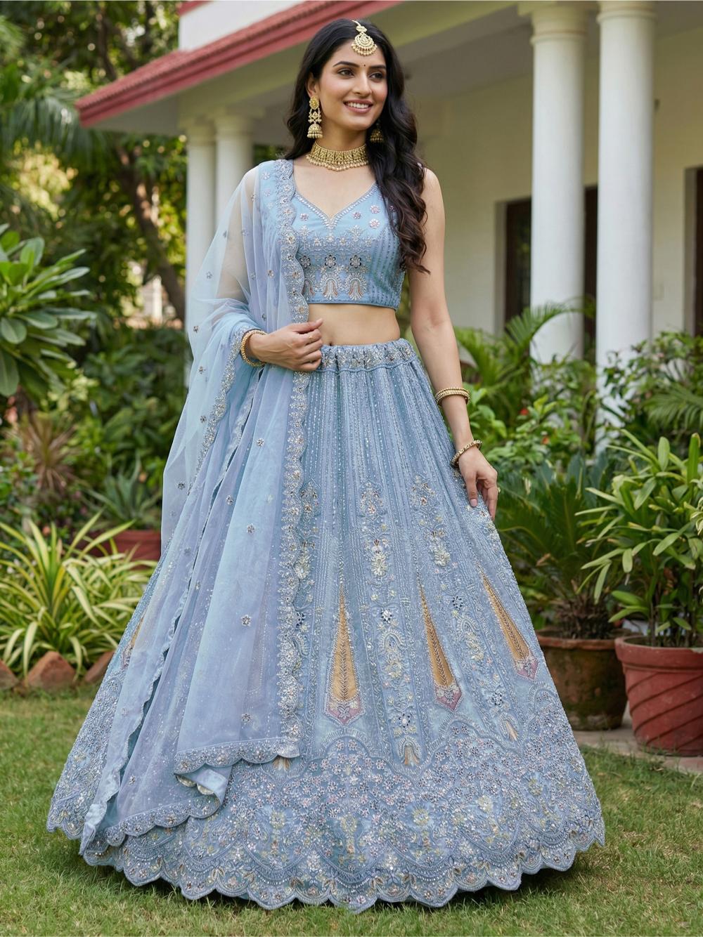 Firozi Sequins Embroidered Bridal Net Lehenga Choli