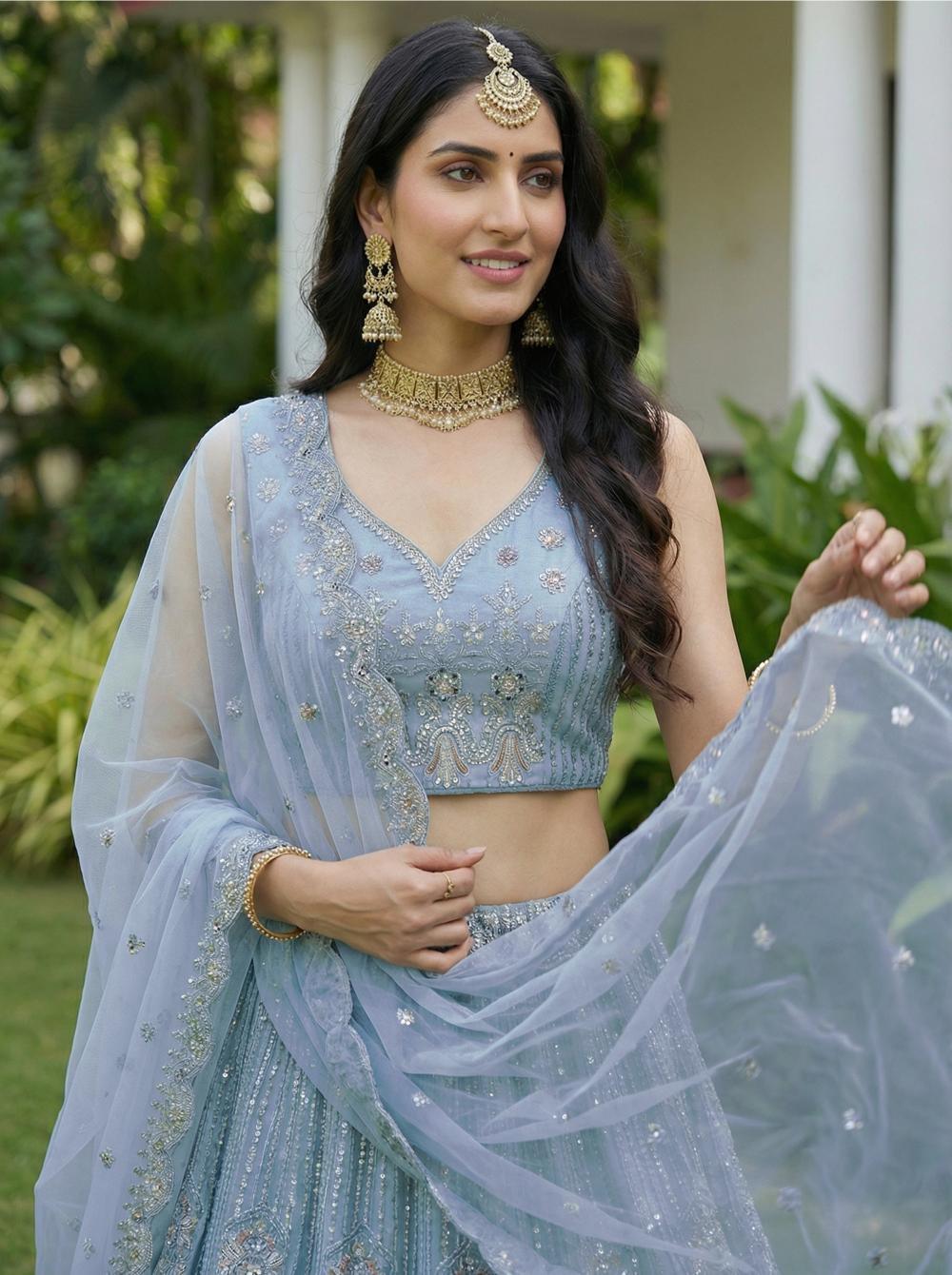 Firozi Sequins Embroidered Bridal Net Lehenga Choli