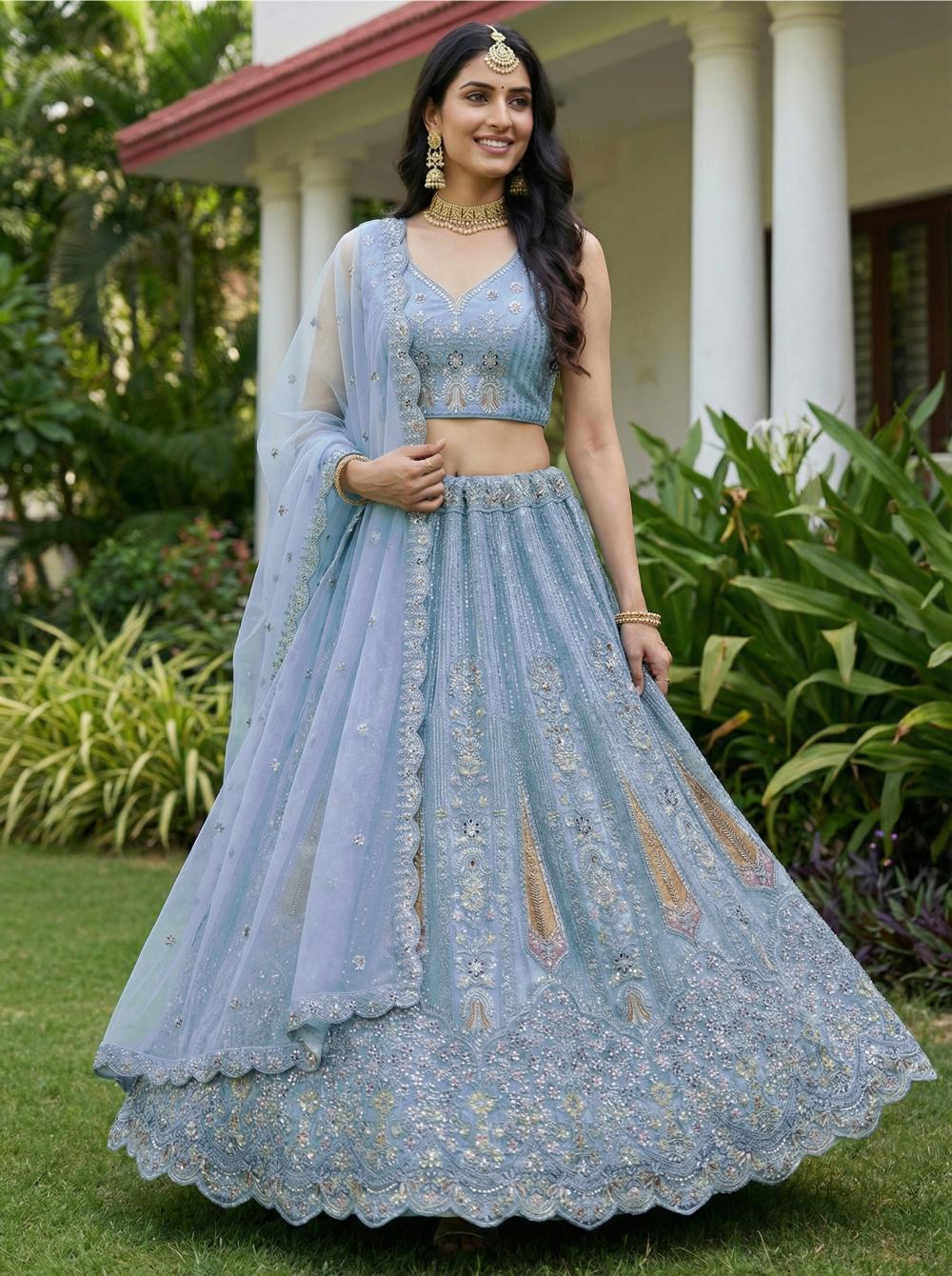 Firozi Sequins Embroidered Bridal Net Lehenga Choli