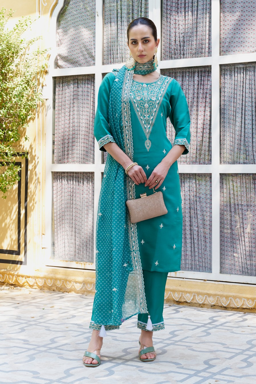 Firozi Silk Blend Designer Embroidered Readymade Suit