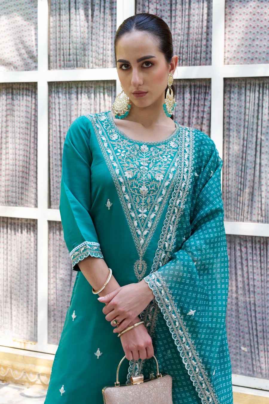 Firozi Silk Blend Designer Embroidered Readymade Suit