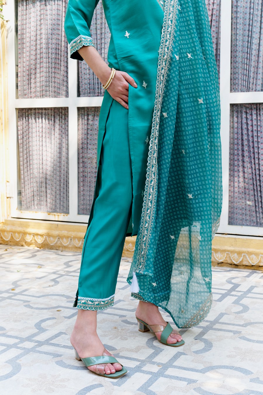 Firozi Silk Blend Designer Embroidered Readymade Suit