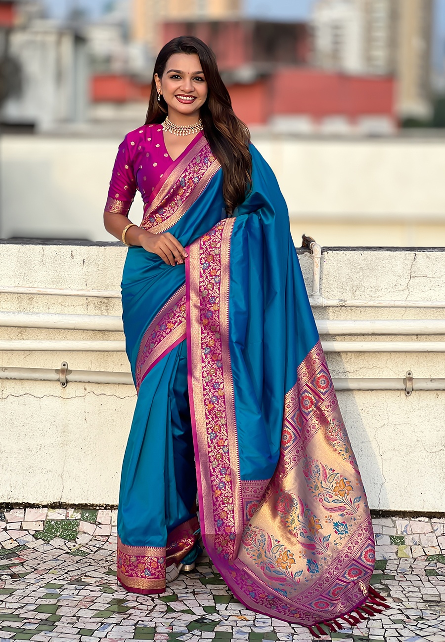 Firozi Soft Silk Woven Paithani Gala Saree