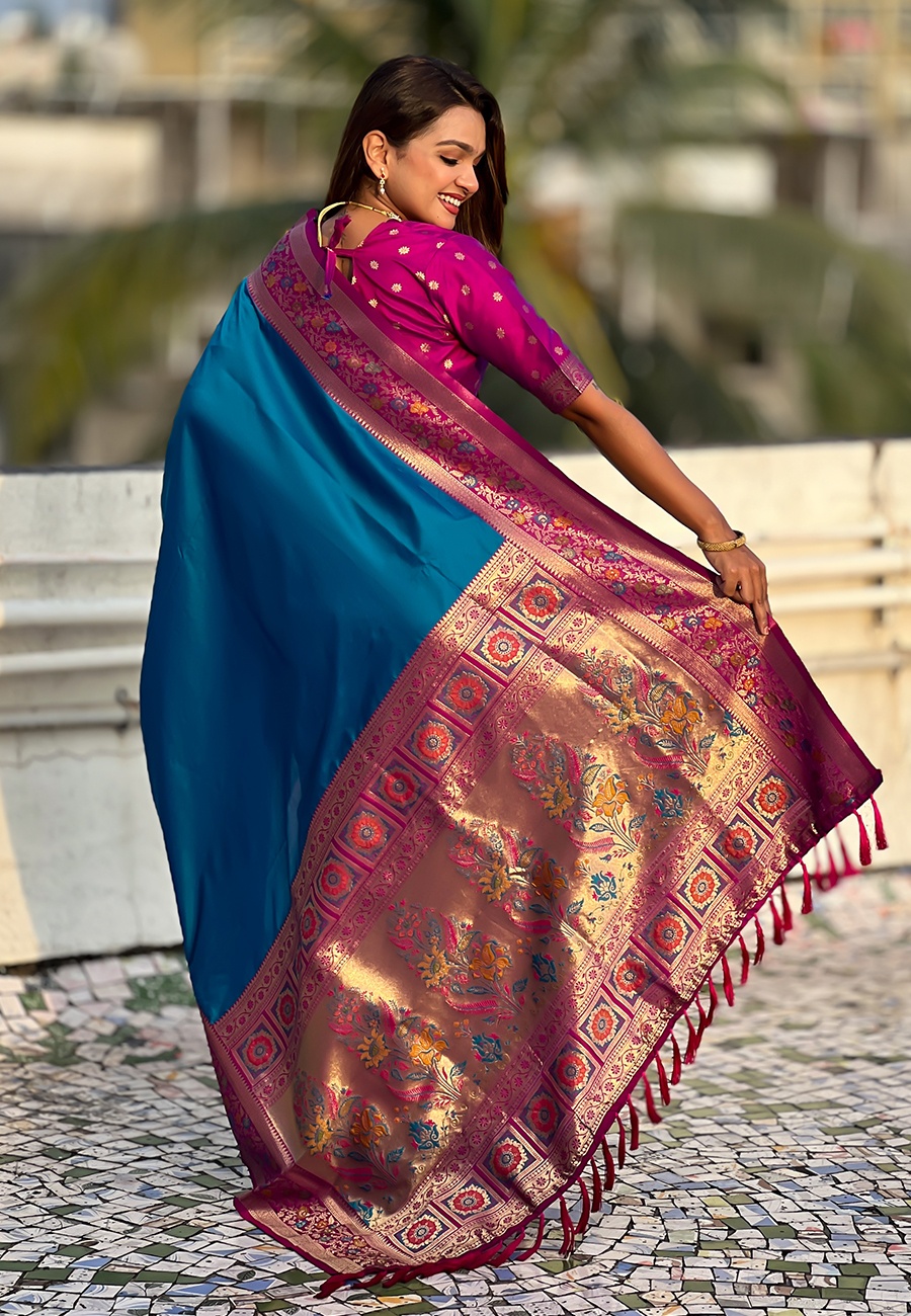 Firozi Soft Silk Woven Paithani Gala Saree — alternate view