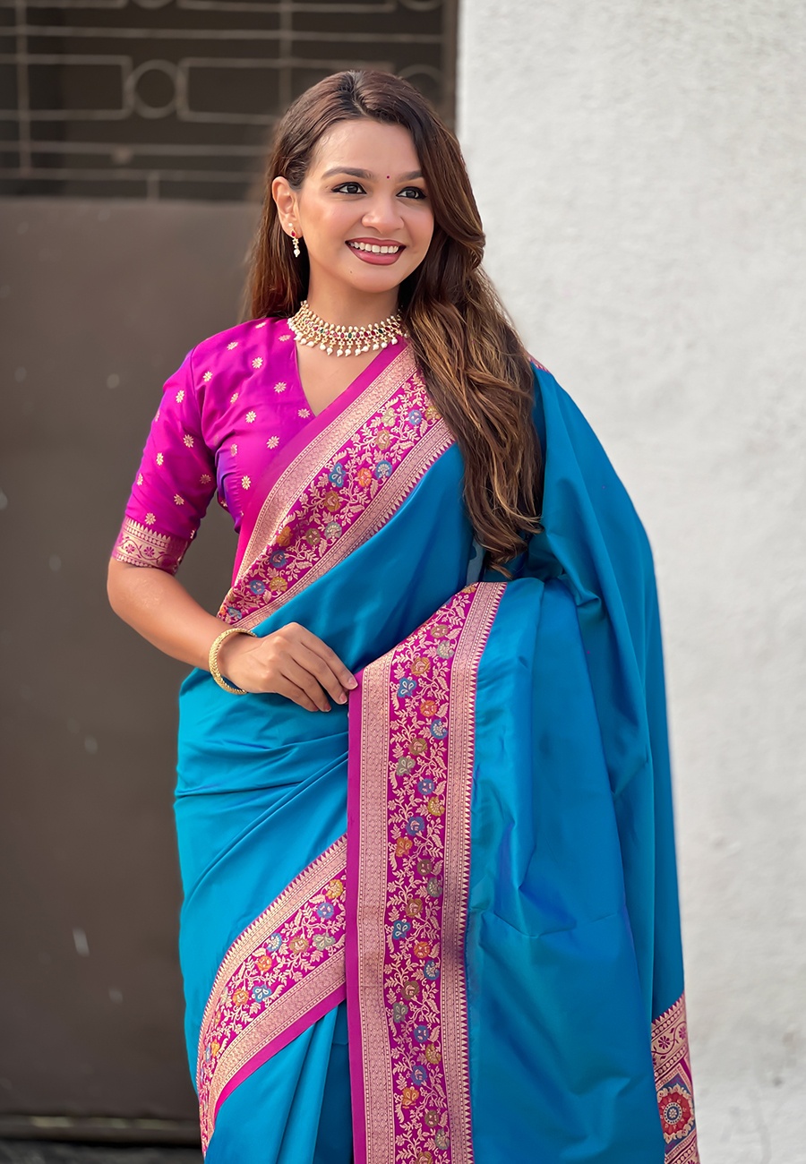 Firozi Soft Silk Woven Paithani Gala Saree