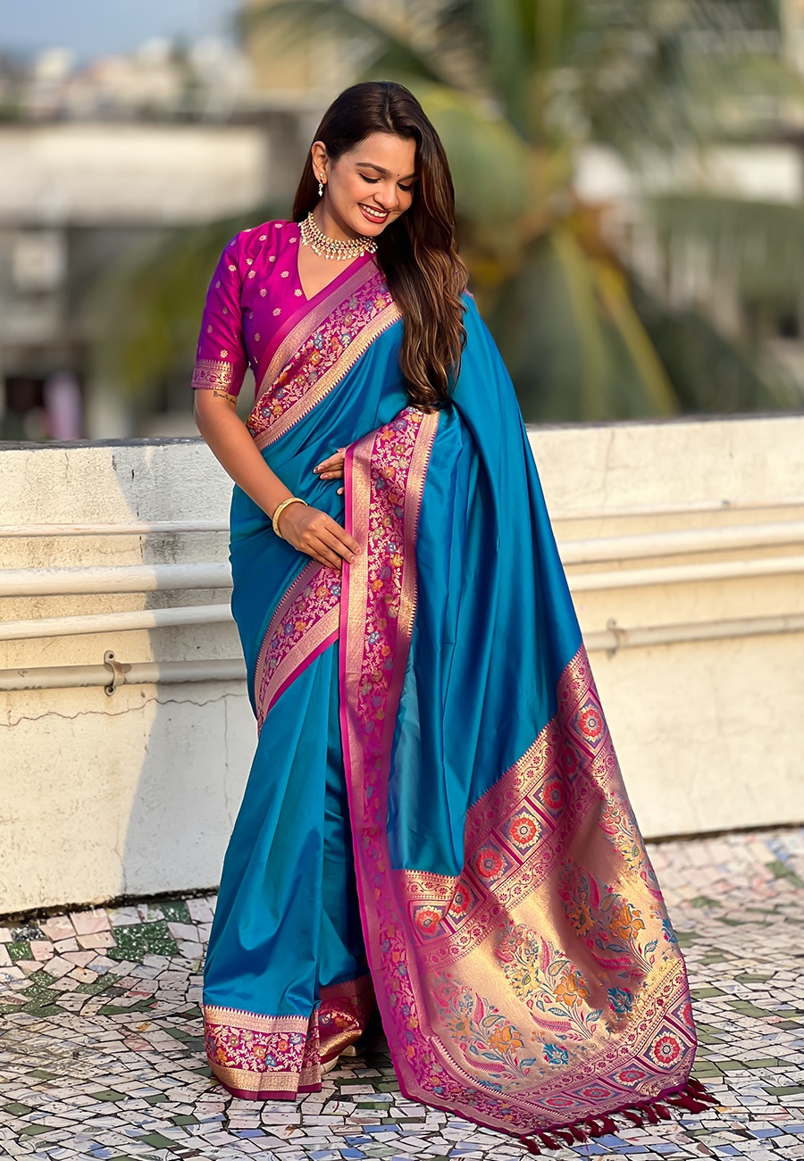 Firozi Soft Silk Woven Paithani Gala Saree