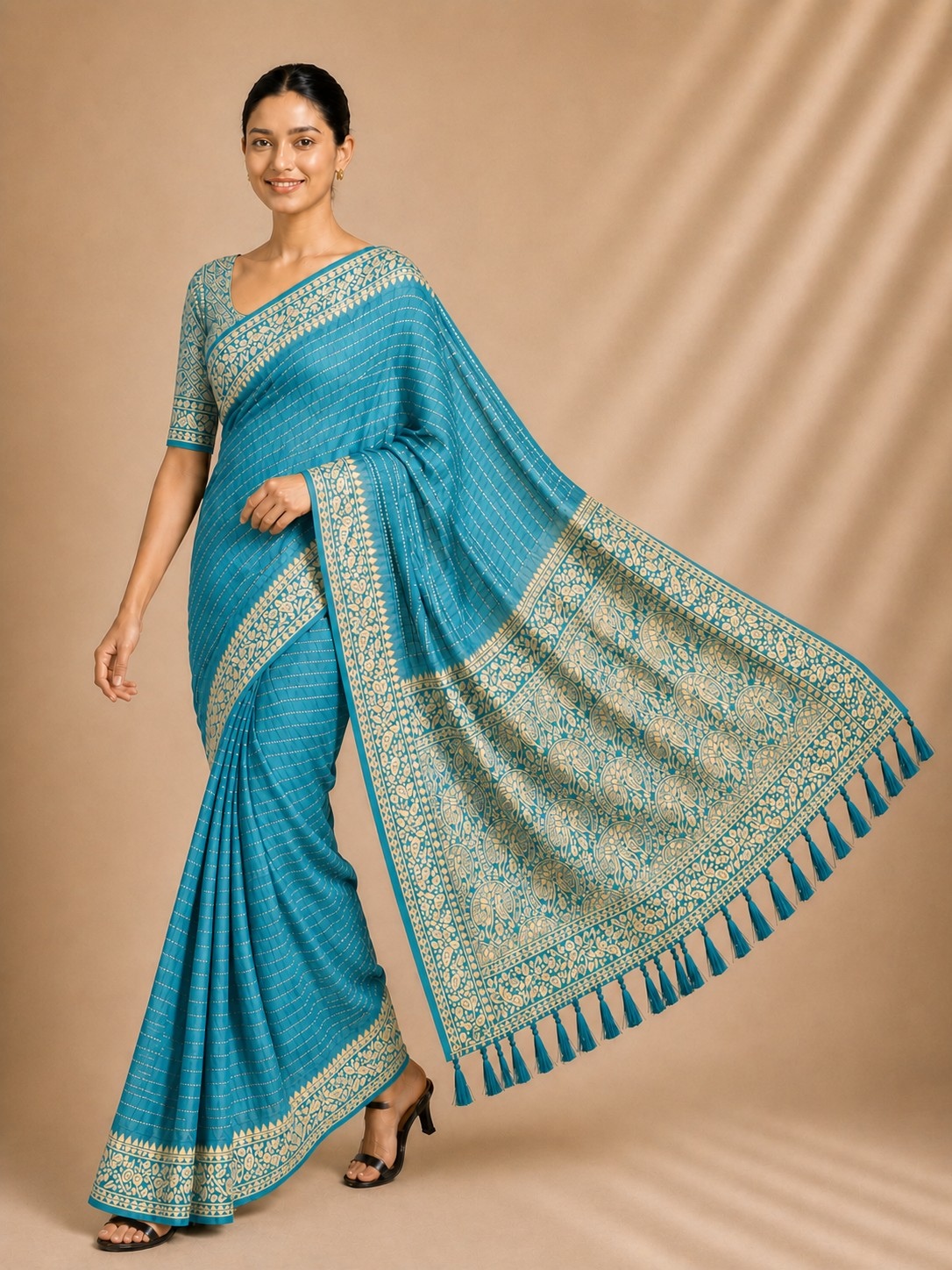 Firozi Stripe Woven Chiffon Saree