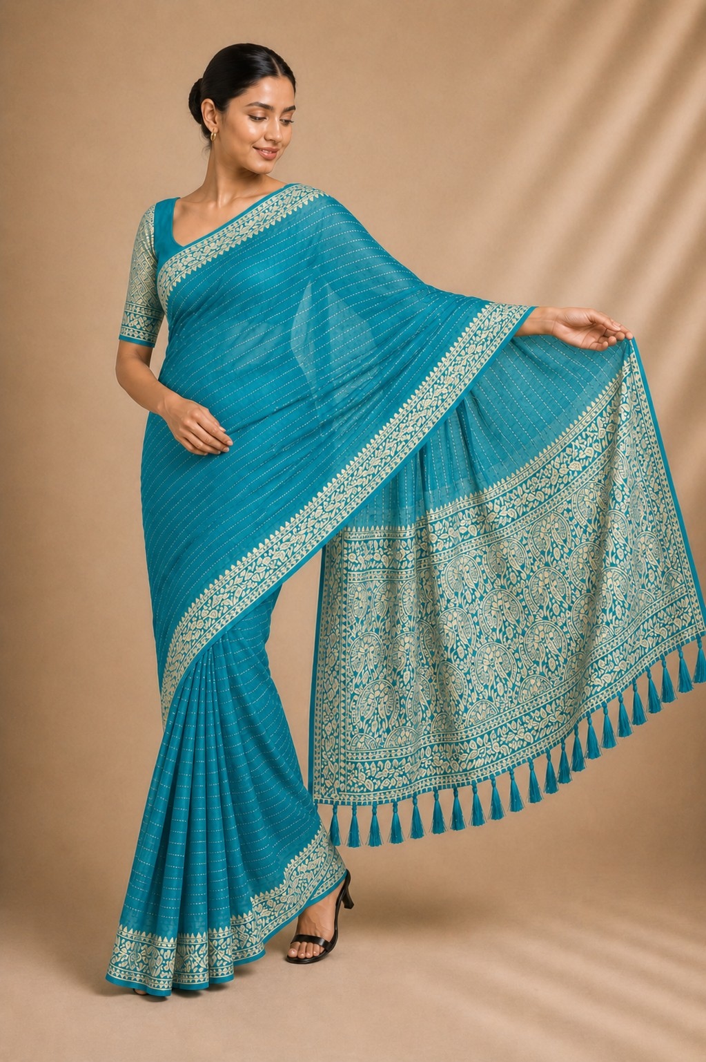 Firozi Stripe Woven Chiffon Saree