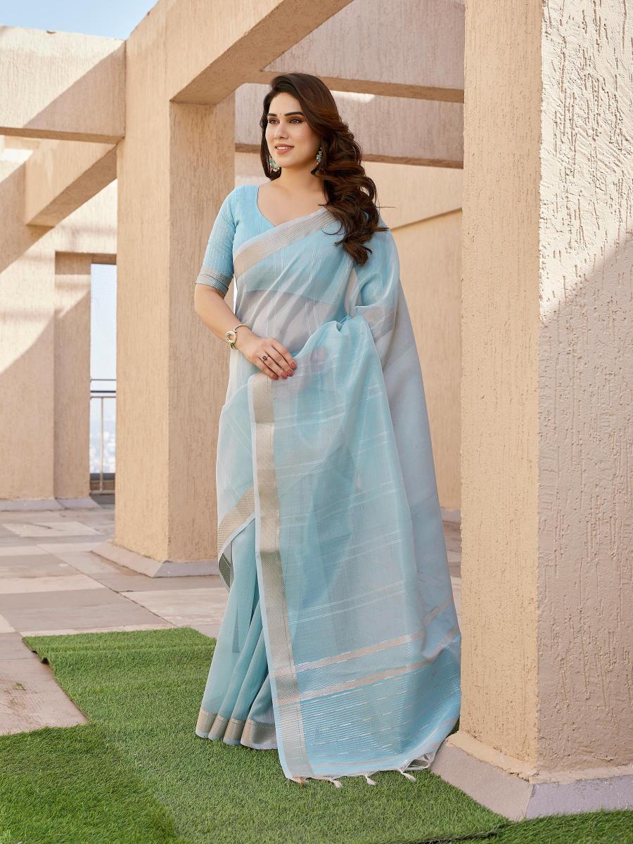 Firozi Tissue Linen Silk Zari Saree