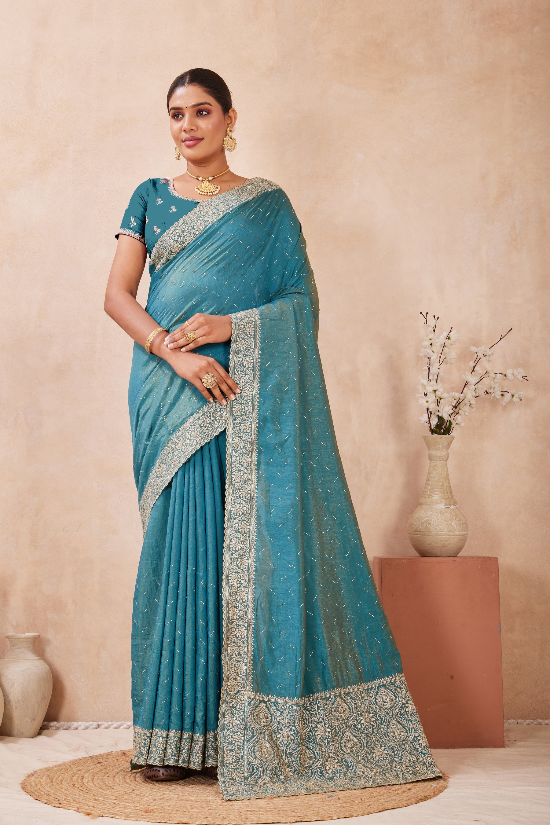 Firozi Tow Ton Silk Saree with Zari Pallu