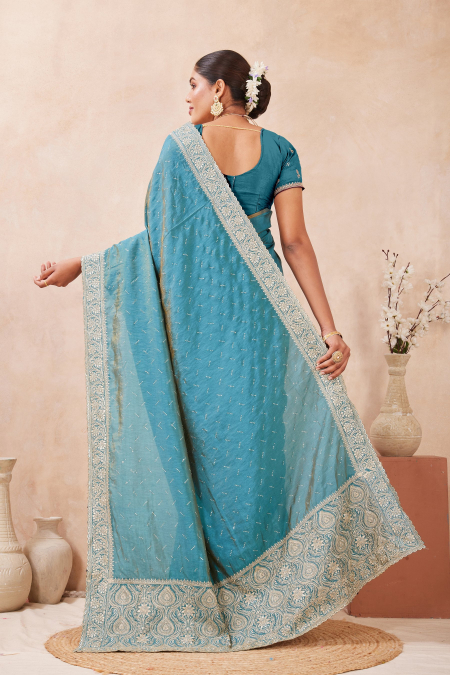 Firozi Tow Ton Silk Saree with Zari Pallu — alternate view