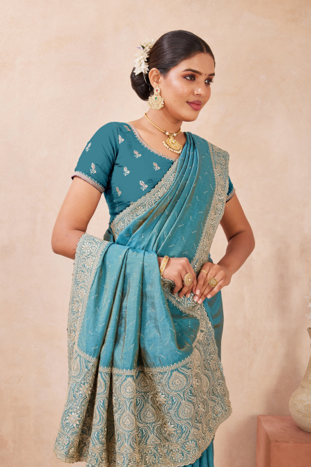 Firozi Tow Ton Silk Saree with Zari Pallu