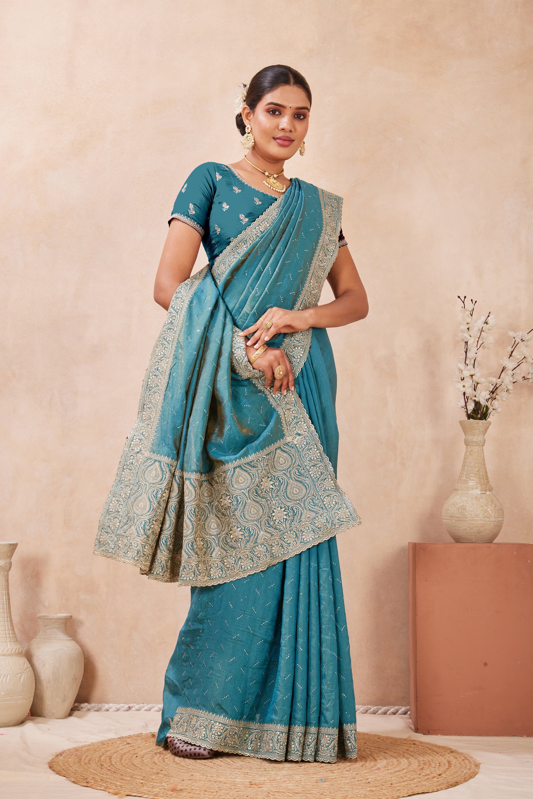 Firozi Tow Ton Silk Saree with Zari Pallu