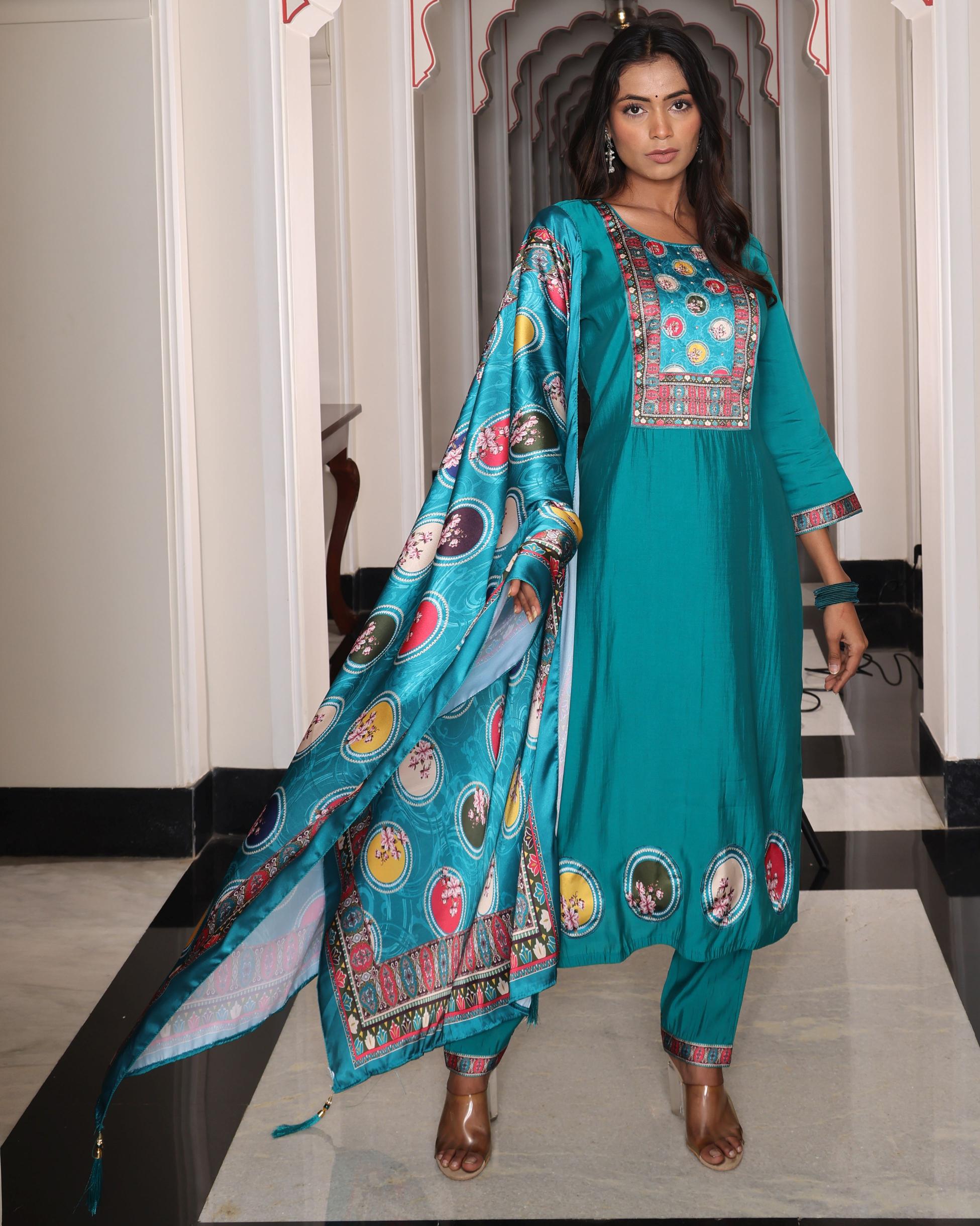 Firozi Viscose Shimmer Embroidered Readymade Suit
