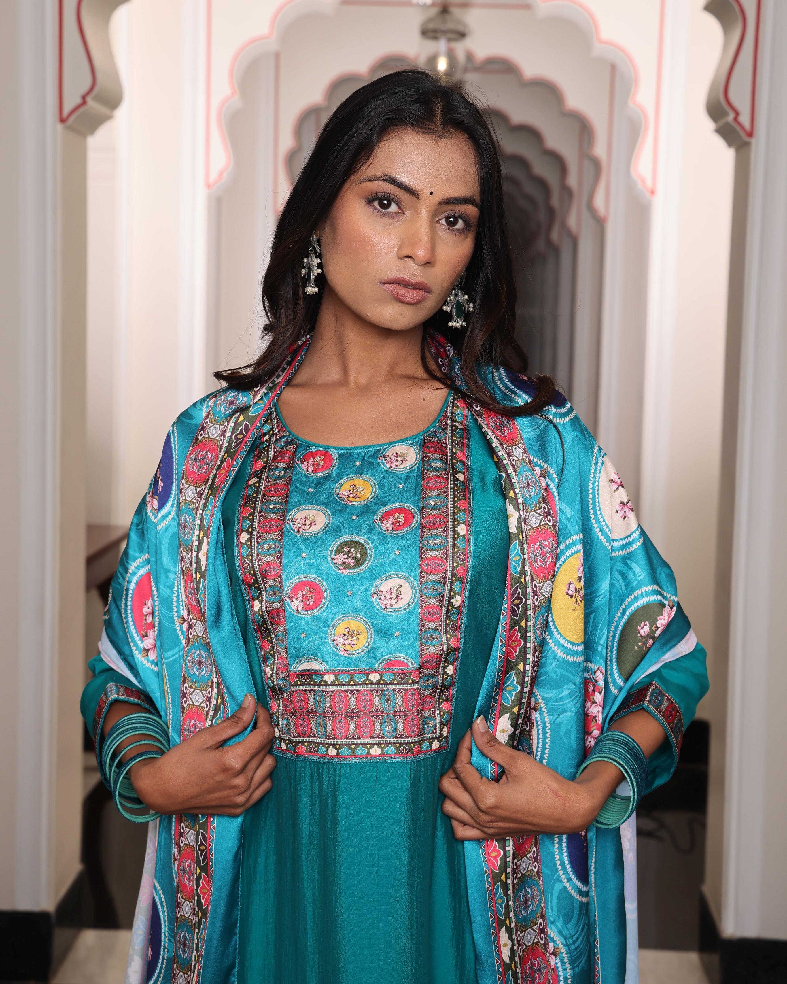 Firozi Viscose Shimmer Embroidered Readymade Suit