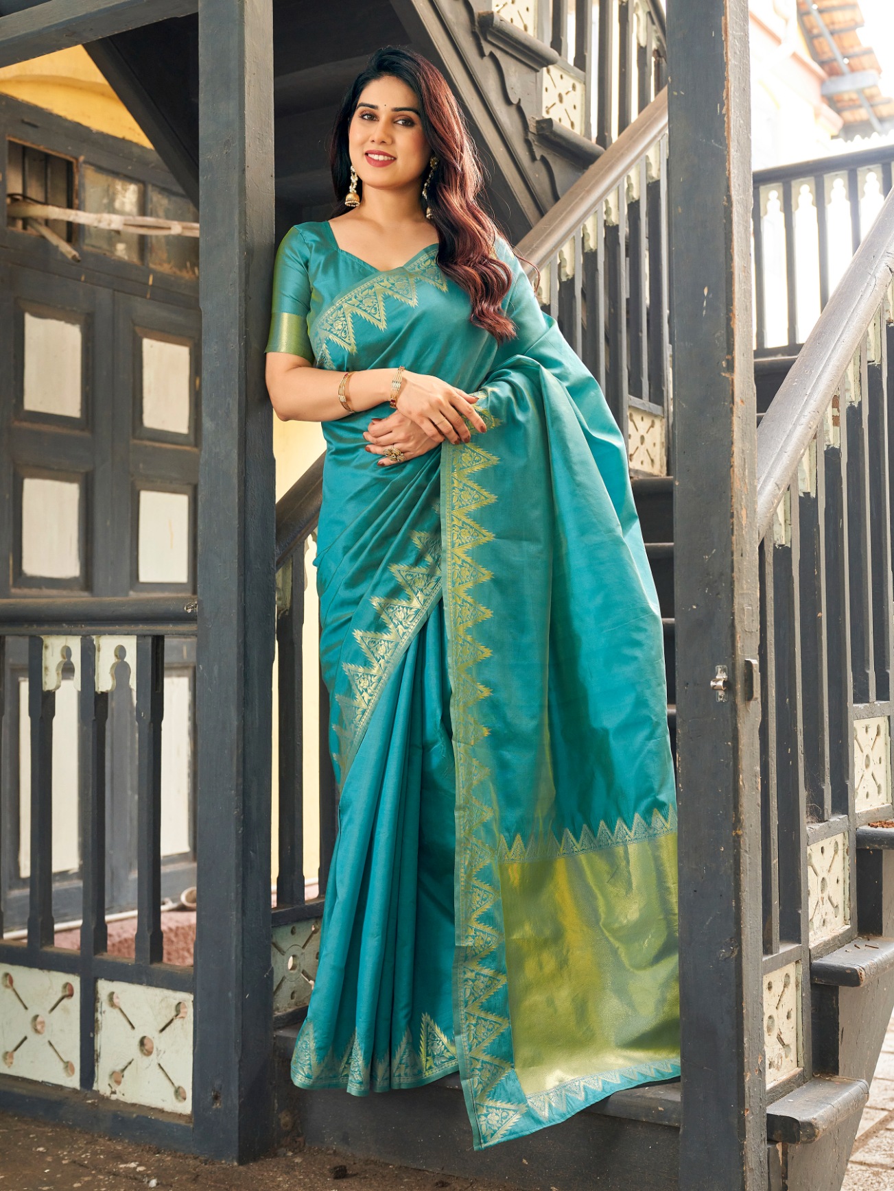 Firozi Woven Gold Zari Banarasi Raw Silk Saree