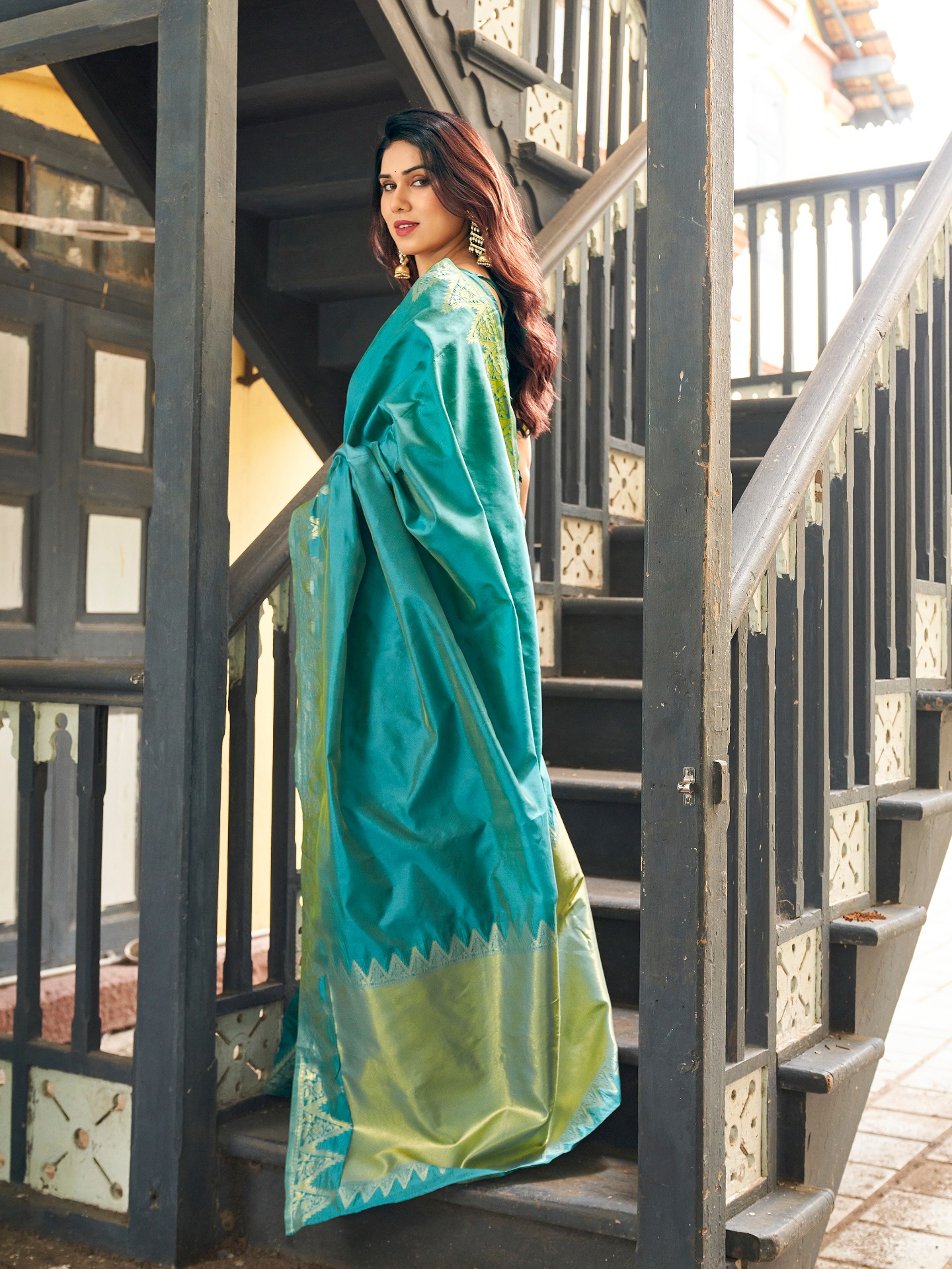Firozi Woven Gold Zari Banarasi Raw Silk Saree — alternate view
