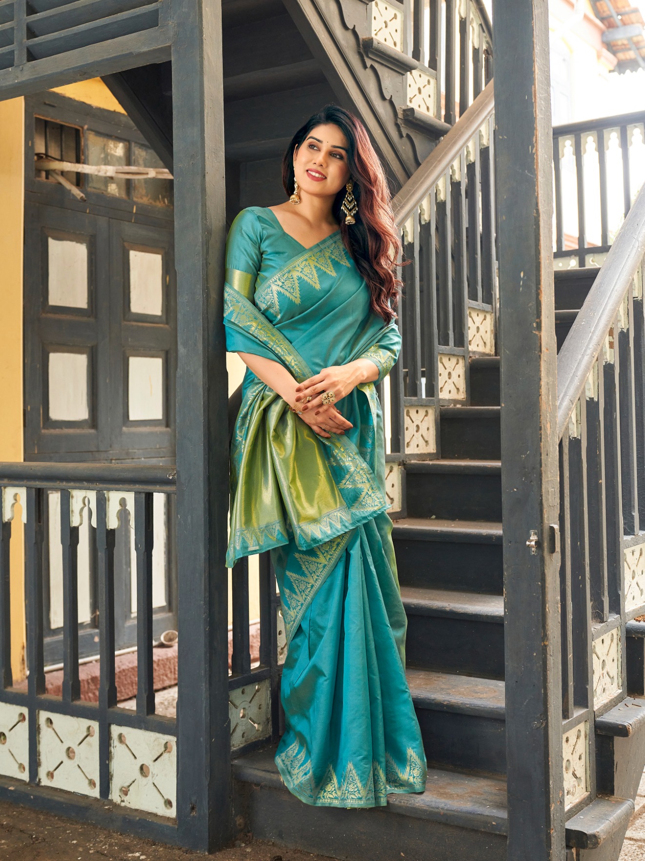Firozi Woven Gold Zari Banarasi Raw Silk Saree