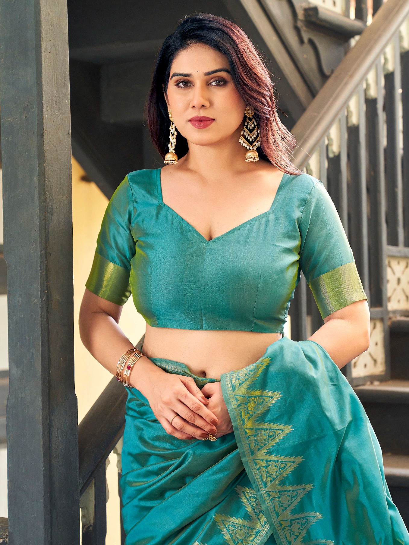 Firozi Woven Gold Zari Banarasi Raw Silk Saree