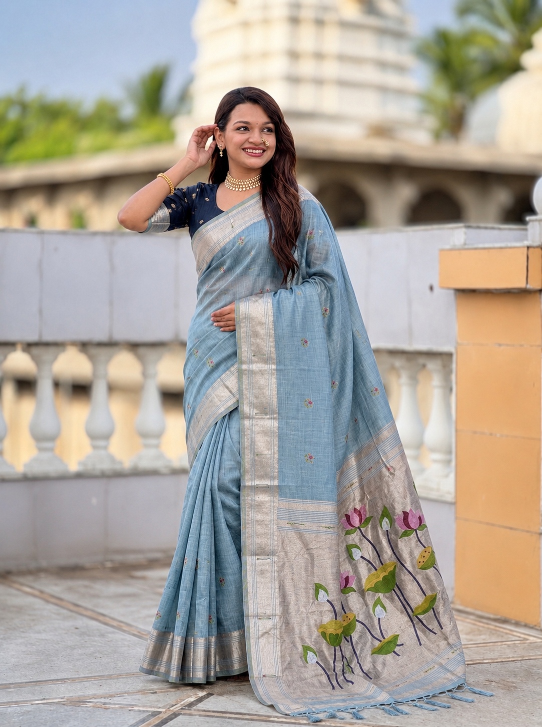 Firozi Woven Meenakari Cotton Silk Saree