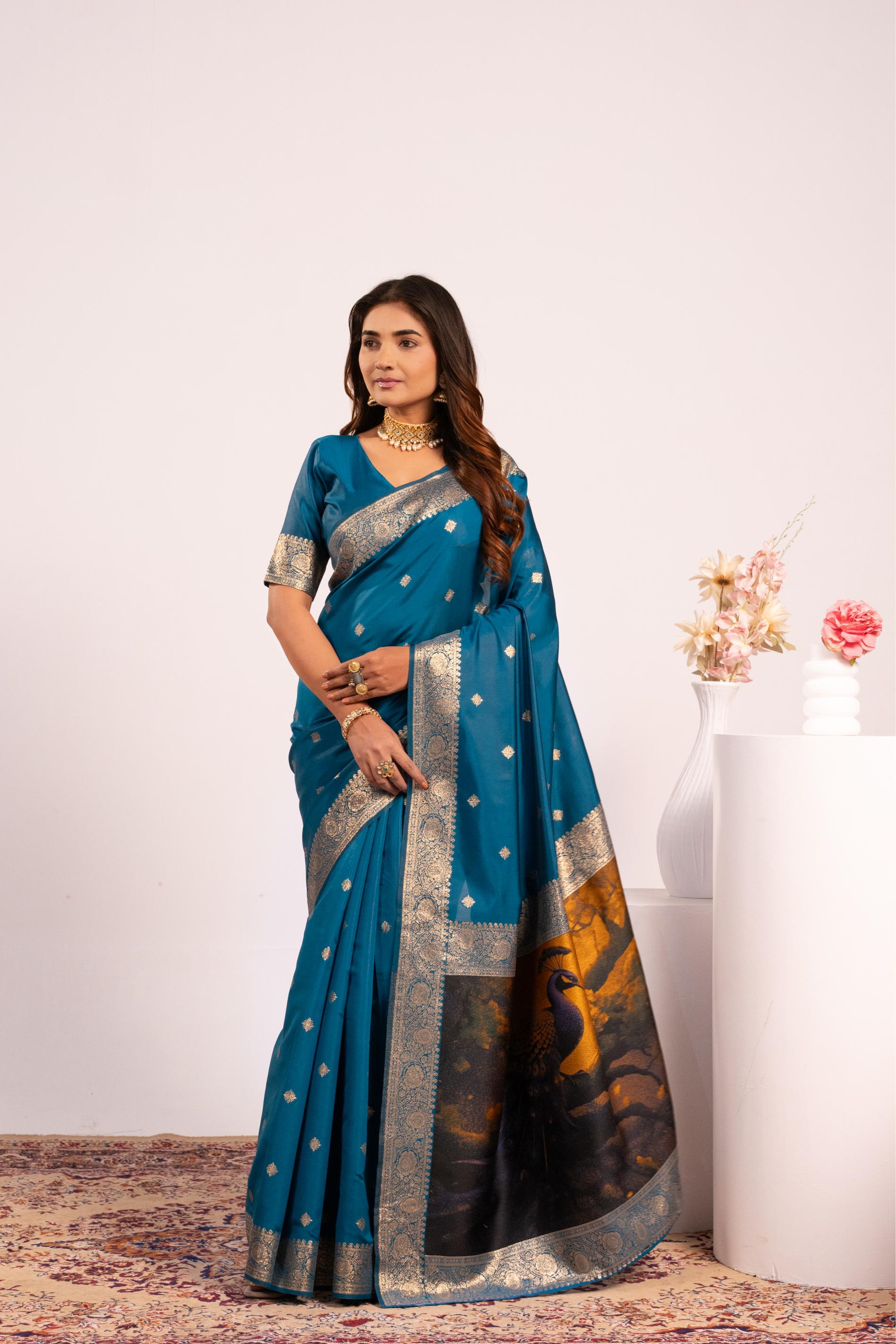 Firozi Zari Resham Designer Banarasi Silk Saree